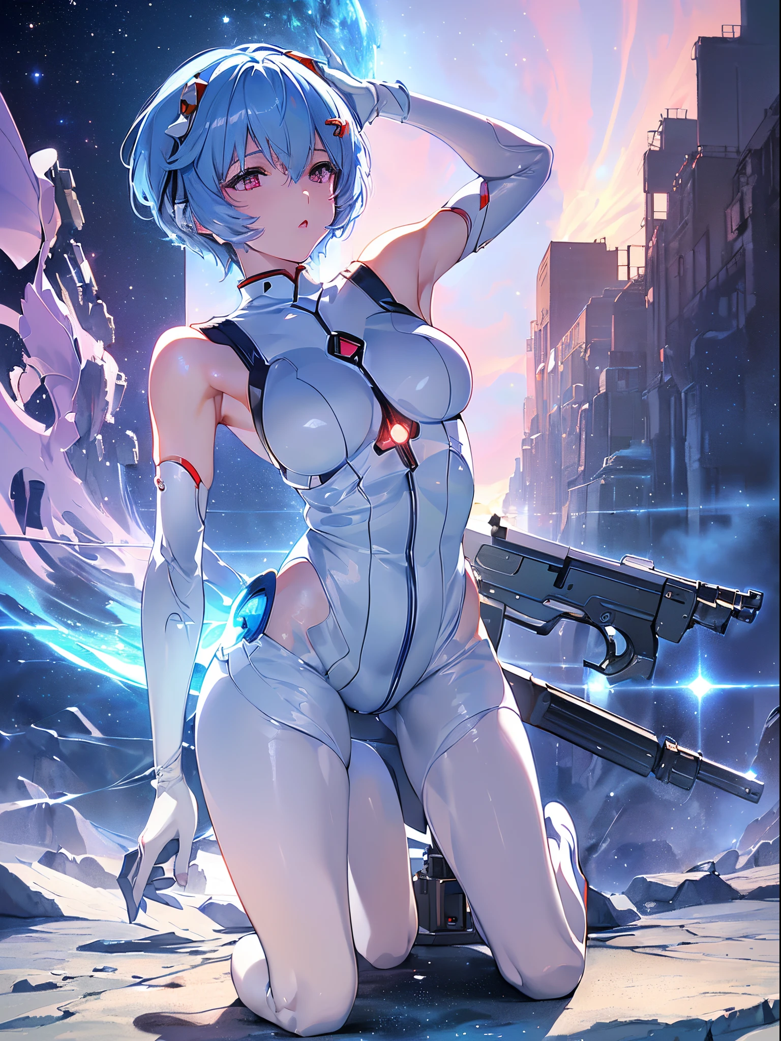 (((Ayanami Rei))),1girl in,Solo,(masutepiece,Best Quality, Official art, Beautiful and aesthetic:1.2),(超A high resolution, (4K), (Photon mapping, Radio City, Physically-based rendering,Automatic White Balance), technological sense,amazing,爆乳,Rich background, (((High detailed skin,)))Dynamic lighting,intricate detailed outfit,kawaii,Watery eyes,((Short hair,))deadpan, skiny, turtle neck, body suit, mechs,(masterpiece sidelighting),(a beauty girl,The sheen),(sky blue hair,Pink eyes,）[[Delicate fingers and hands:0.55]::0.85],(Detail fingers),(kneel down on the ground), 20d,((universe:1.4),gun,(Shooting position:1.3),