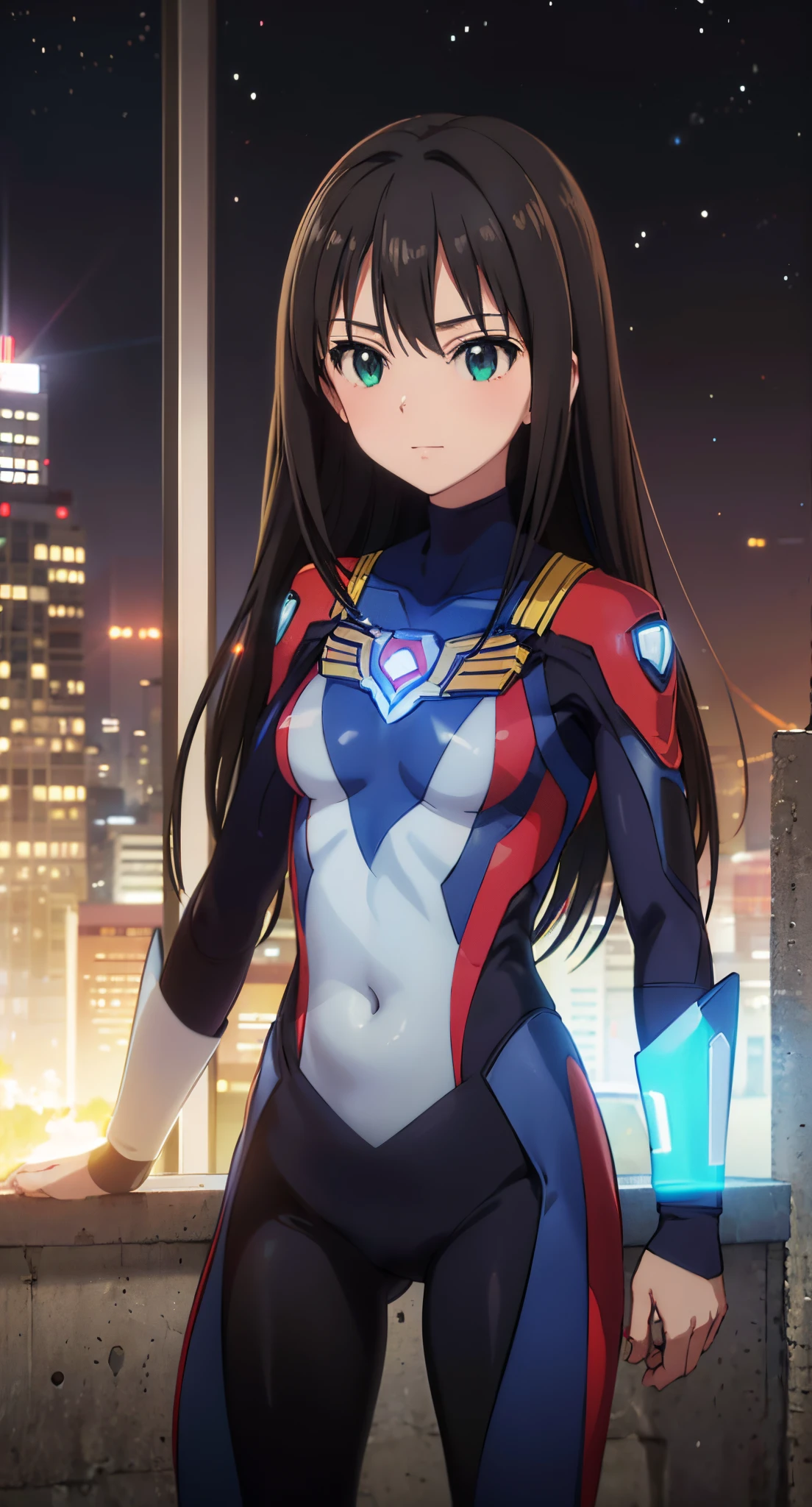 (​masterpiece、top-quality、in 8K、hight resolution:1.2)、Alone、1girl in、 Rin Shibuya、taut clothes、cowboy  shot、Look at viewers、A slight smil、Hero Suit、body suit、tight suits、Trained abs、Trained biceps、(nffsw :1.0）、 ultraman bodysuit、glowing gemstone on the chest、（Buildings:1.2)、nighttime scene