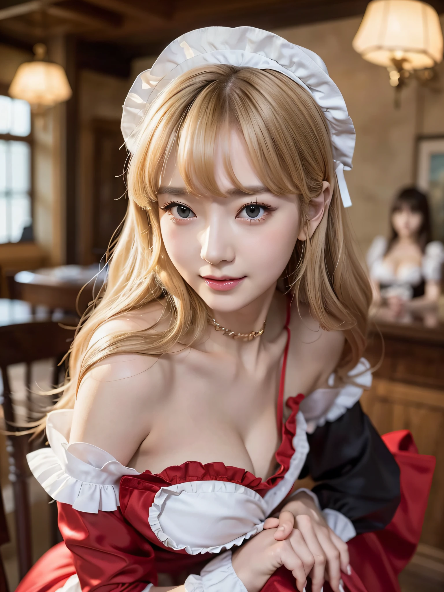 With bangs、Female sexy、Happy smile、(Colossal tits)、portrait lighting、(Luxury Maid、maid clothes、Maid Cafe、Red and black maid clothes、Ruffled apron、Head dress、White Brim)、sea side、((cleavage of the breast))、、detailed faces and eyes、masterpiece、Best Quality、gals、Lori、sexy pose, gals、Pinch your chest between your arms、V腕、Bring your chest together、taut breasts、Hands on knees、Twin-tailed、(Leaning forward)、Beautiful silk blonde hair、cute face、Emphasize
