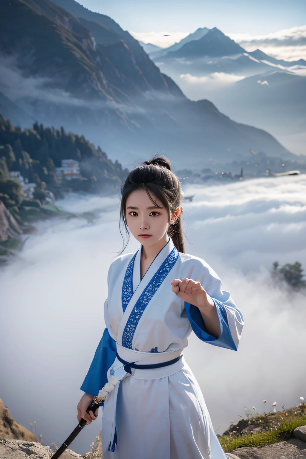 Ancient style sister,On the mountain,Cloud fog,Blue and White Clothes,Sweet,cute big breasts,Take a sword,Practice martial arts,Taoist martial arts field,prette,Beutiful women,Bigchest