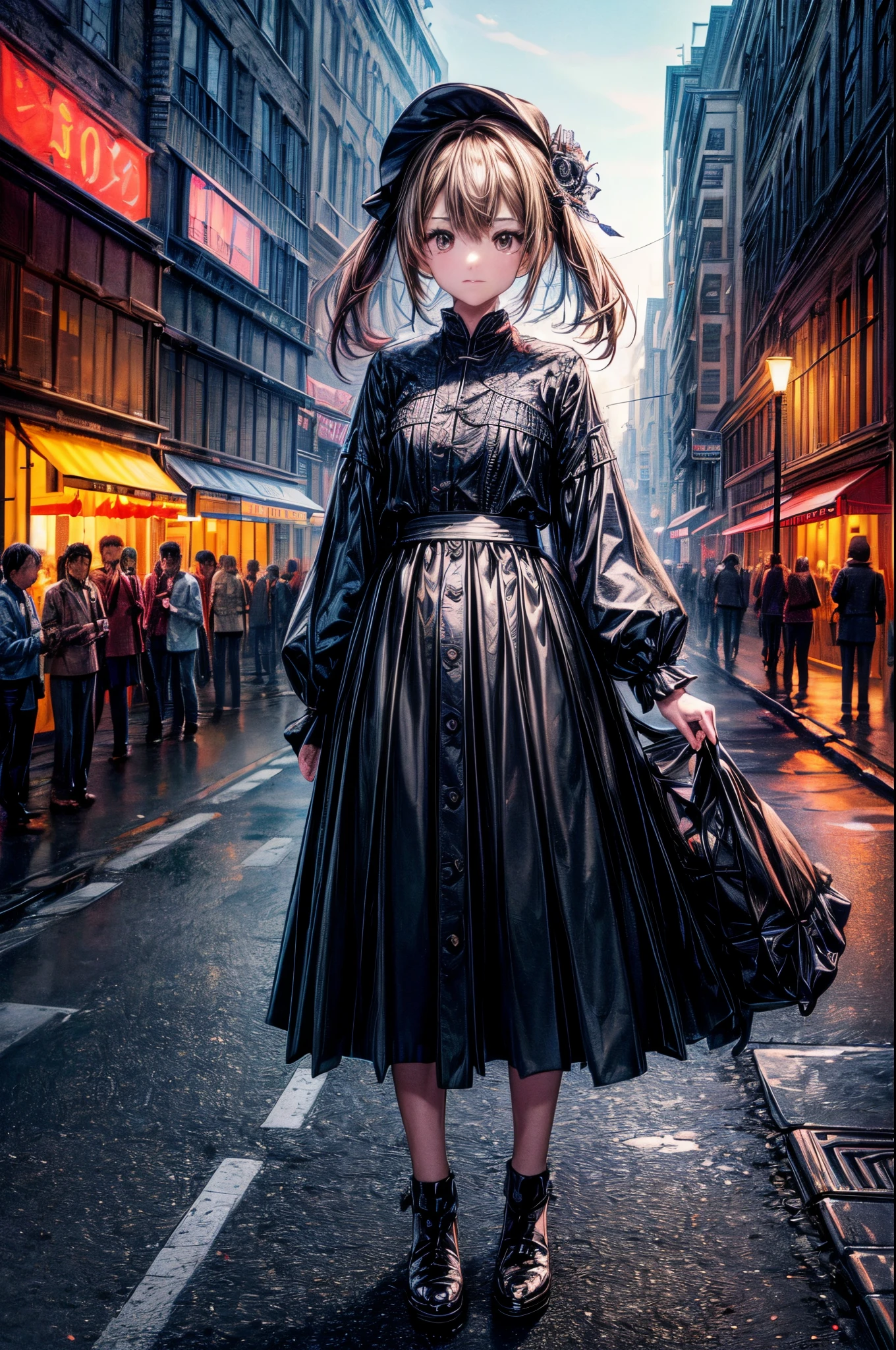 (((hight resolution)))、(in 8K)、 (((ighly detailed)))、(top-quality、masterpiece:1.3)、((sharpnes))、ciinematic light、Alleys of the town、neon signs、traffic jam、
