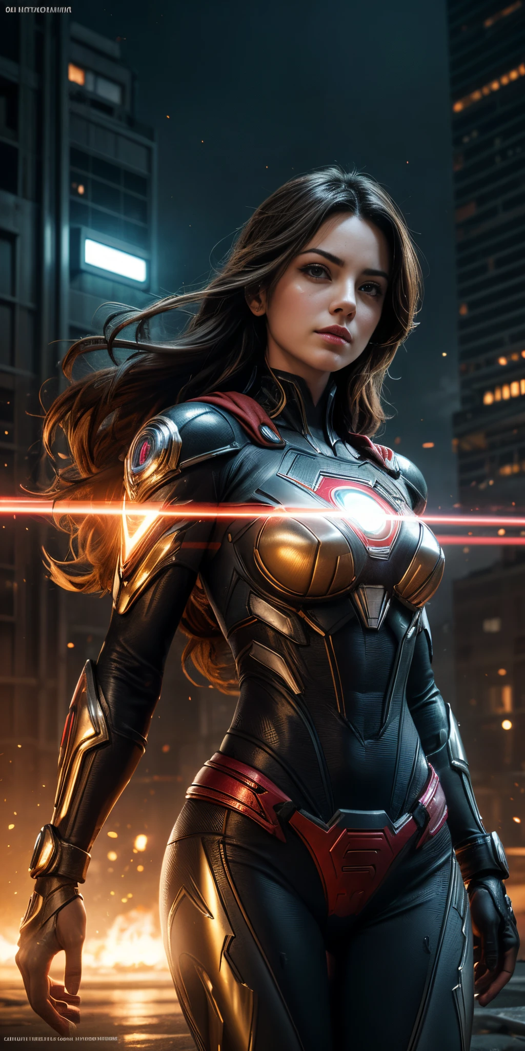 midshot, cel-shading style, centered image, ultra detailed illustration of Erica Durance, (tetradic colors), full body, inkpunk, ink lines, light particles, strong outlines, art by MSchiffer, bold traces, parted lips,Supergirl suit , Cyberpunk, g、pele brilhante, ((Detalhes super realistas))、portlate、global ilumination、sombra、Octane Representation、8k、ultrasharp、Luz de borda de caractere, Seios grandes, big booty、Raw skin is exposed on the neckline、Apocalyptic City of Fire, Detalhes de ornamentos complexos、Transparent acrylic parts cover、Sumer Detailed Hydraulic Cylinders、small LED lamp、Detalhes muito intrincados、Luz realista、um olho purpura、olhos radiantes、in front of camera、Neon details, Cyberpunk ,mais alta qualidade、obra prima、超A high resolution、(fotorrealista:1.4)、Foto RAW