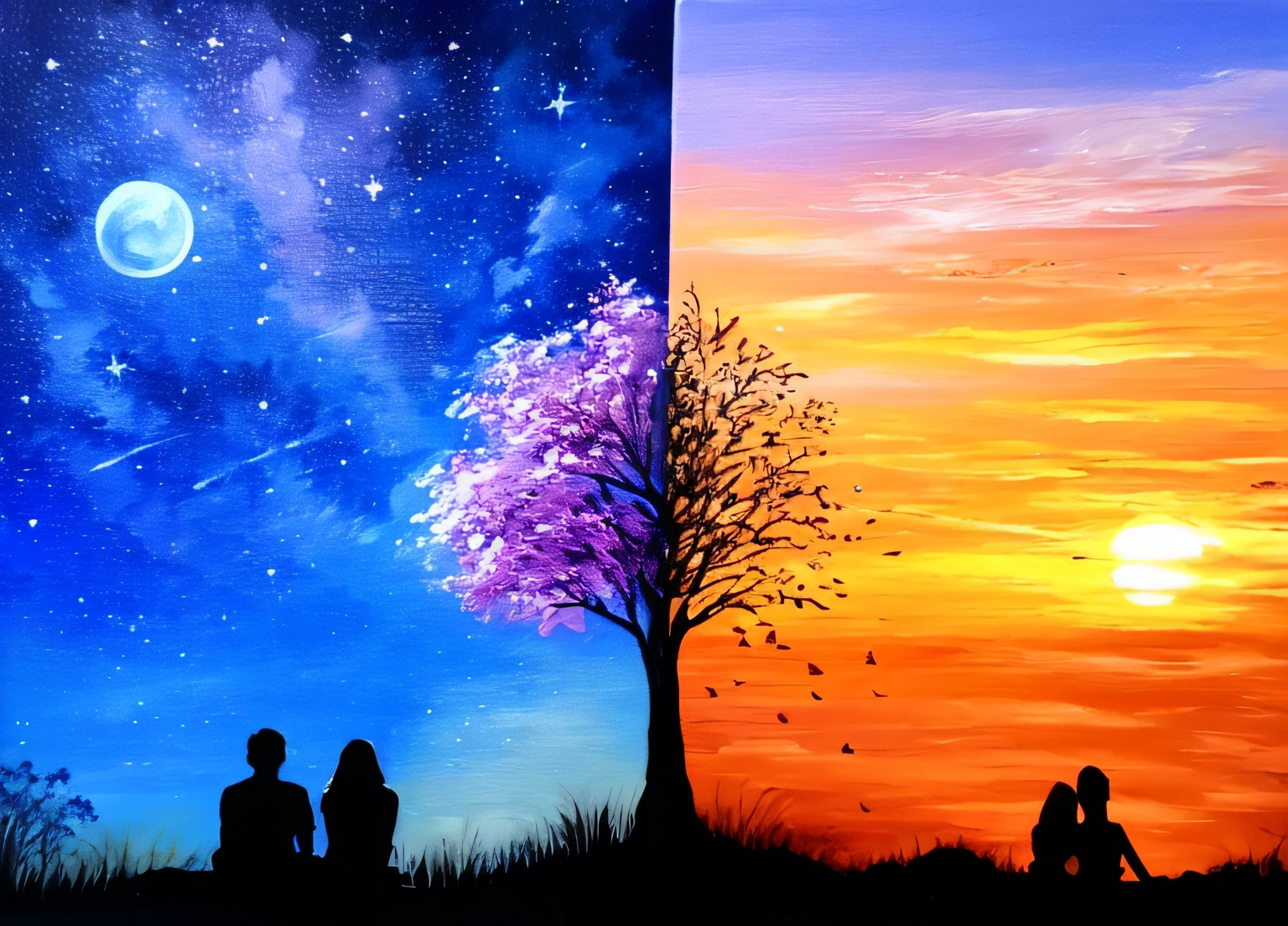 painting of two people sitting on a hill watching the sunset, romantic painting, Pintura em tela, acrylic painting, sunset sunrise, Bela arte UHD 4K, acrylic canvas, gorgeous romantic sunset, a pintura ganha vida, pintura de arte, incredible depth, scenery artwork, acrylic art, Bela pintura de amigos, awesome art, large twin sunset, acrylic paint on canvas