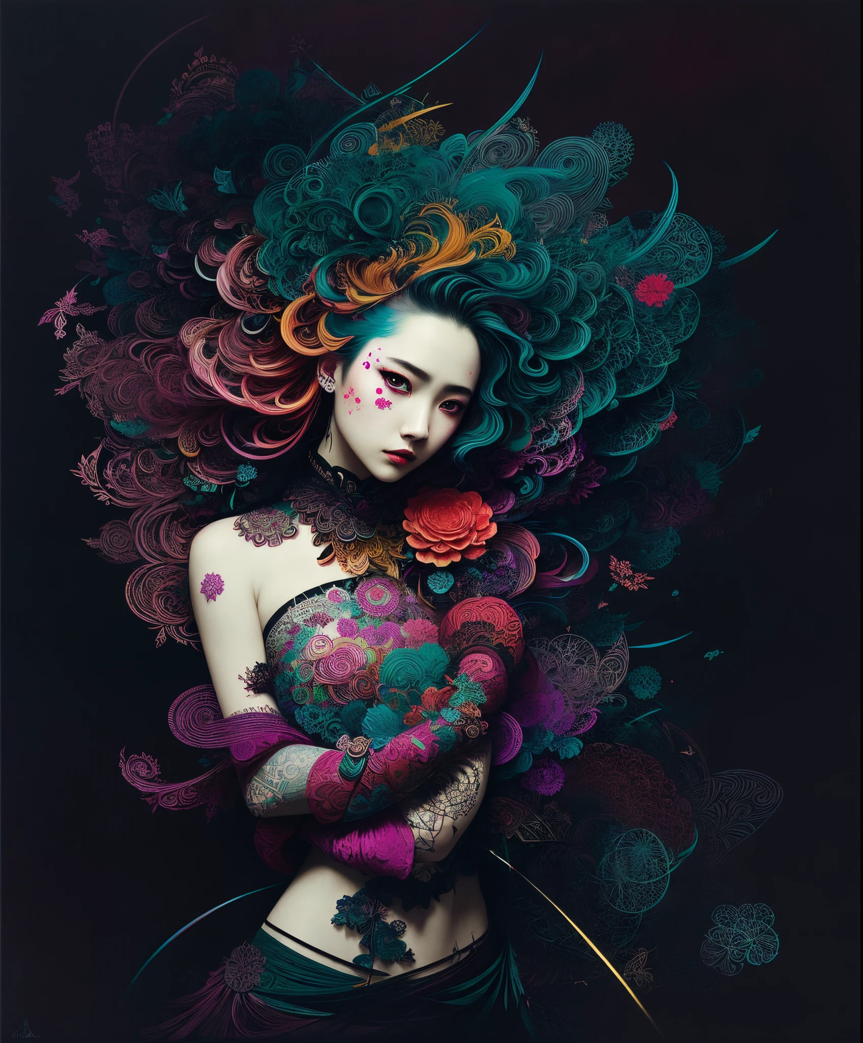 Official art, Unity 8k壁纸, ultra-detailliert, Beautiful and aesthetic, masutepiece, Best Quality, (Zentangle, mandalas, Tangle, Entangle), (Fractal Art:1.3) , 1girl in, Extremely detailed, Dynamic Angle, cowboyshot, Most Beautiful Form of Chaos, Elegant, a brutalist designed, vivd colour, romanticism, by james jean, roby dwi antono, by Ross Tran, Francis Bacon, michal mraz, Adrian Ghenny, petra cortright, Gerhard Richter, Takato Yamamoto, Ashley Wood, Atmospheric,Warrior, (multicolored background:1.1)