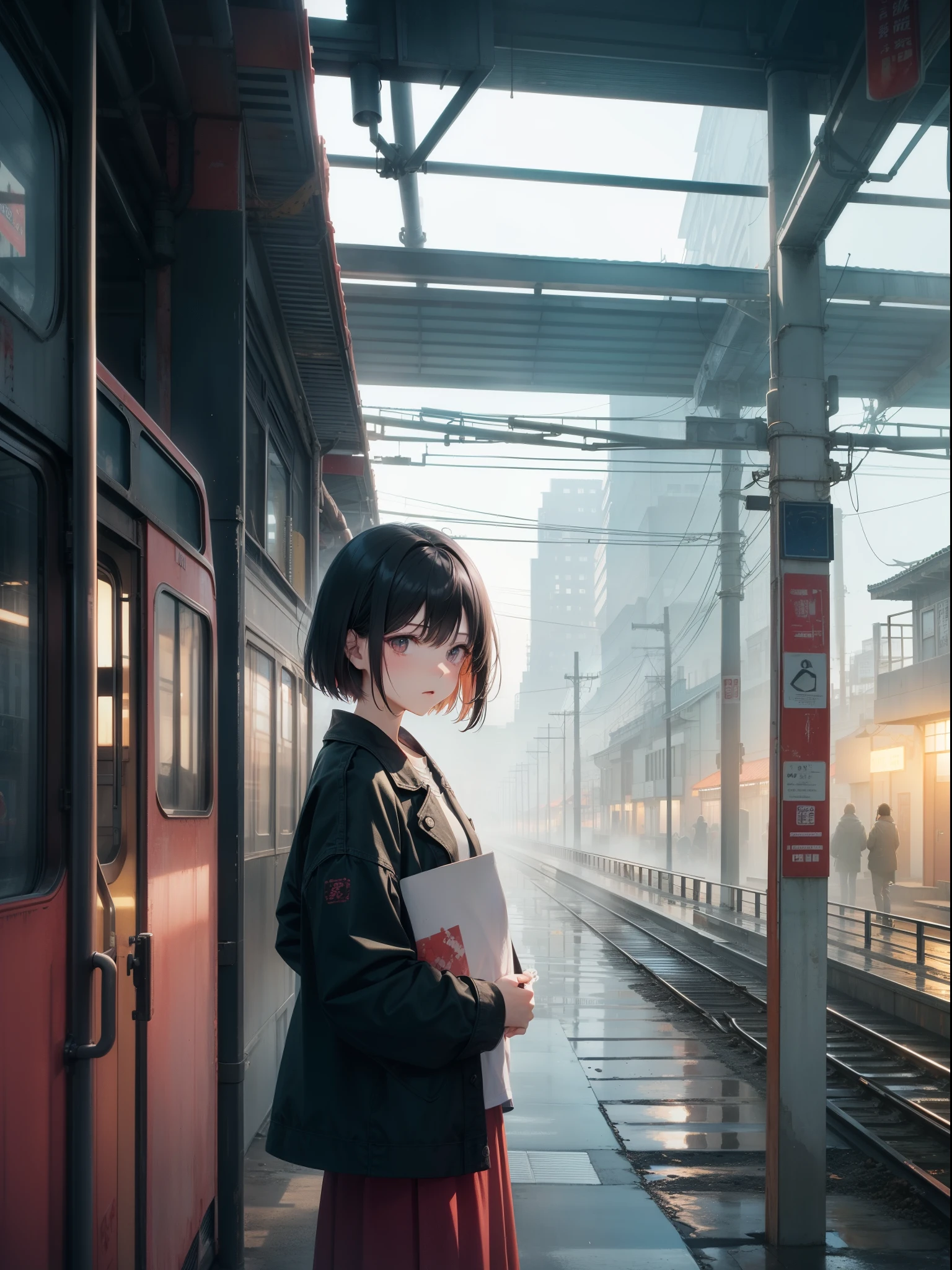 Background with: Xuexiang Station. The rusty station building creates a nostalgic atmosphere.(Color pattern:rose mist, deep sea green )(The clothes ar: grunge fashion)
(ink and paper, Bleeds easily)(Contemporary art is like a picture book) (Transparent watercolor) (The light itself is truly expressed.) (soft layer, plethora of colors) (Tints of paint thinly dissolved in water) (deep, delicate color)