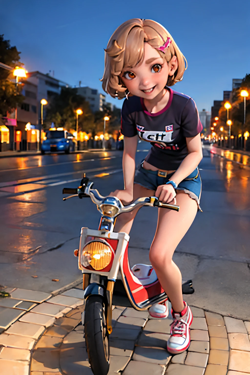 1little girl, kid riding bikes suburban street storm and rain, (masterpiece:1.2) (photorealistic:1.2) (bokeh) (best quality) (detailed skin:1.3) (intricate details) (8k) (HDR) (cinematic lighting) (sharp focus)