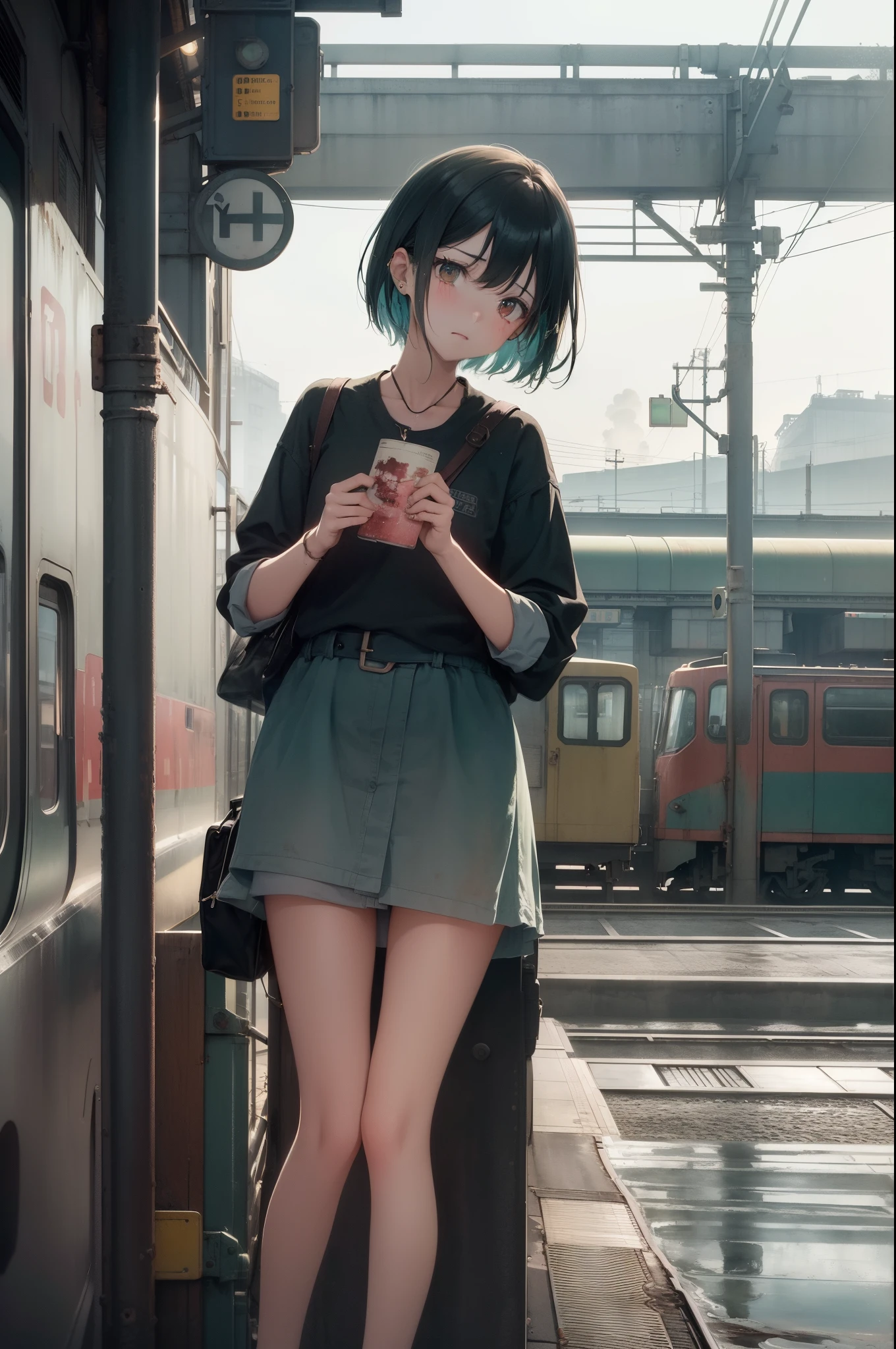 girl，solo，railway station. The rusty station building creates a nostalgic atmosphere.(Color pattern:rose mist, deep sea green )(Clothes are: grunge fashion)
(ink and paper, Bleeding easily)(Contemporary art is like a picture book) (Transparent watercolor) (light itself is truly expressed.) (soft layer, many color) (Paint tints diluted in water) (deep, The colors are delicate)