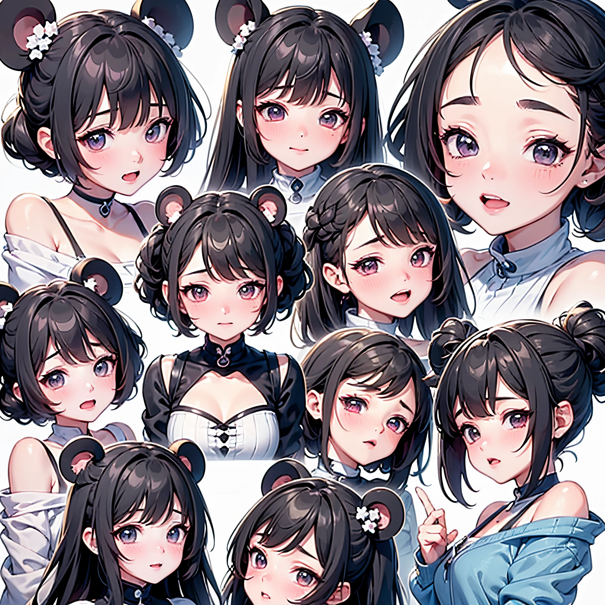 Cute girl avatar，Emoticon pack，(9 emojis，emoji sheet of，Align arrangement)，9 poses and expressions（grieves，amaze，having fun，agitated，Giggle smile，smell the rat，Angry，Touch your head，Sell moe, waiting），anthropomorphic styles，Disney  style，Black strokes，various emotions，9 poses and expressions，8K