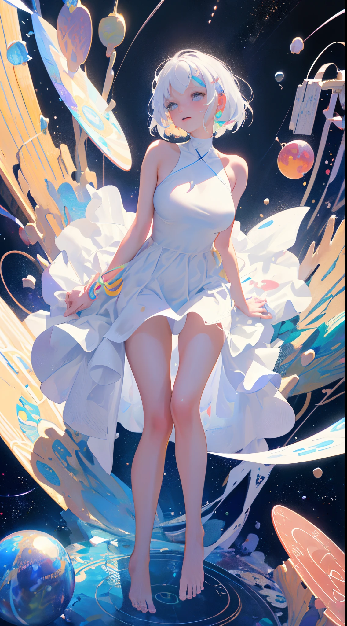 (tmasterpiece, Best quality at best:1.2), (ultra - detailed),(illustratio), the wallpaper, Original,
1个Giant Breast Girl, Messy White Hair, thin shoulder strap, White dress, Bare legged, The barefoot, Naked arms, the space, Earth background, Low Earth orbit, full bodyesbian,
,(Surrounded by colorful splashes and dots),Colorful bubbles,(Shiny)