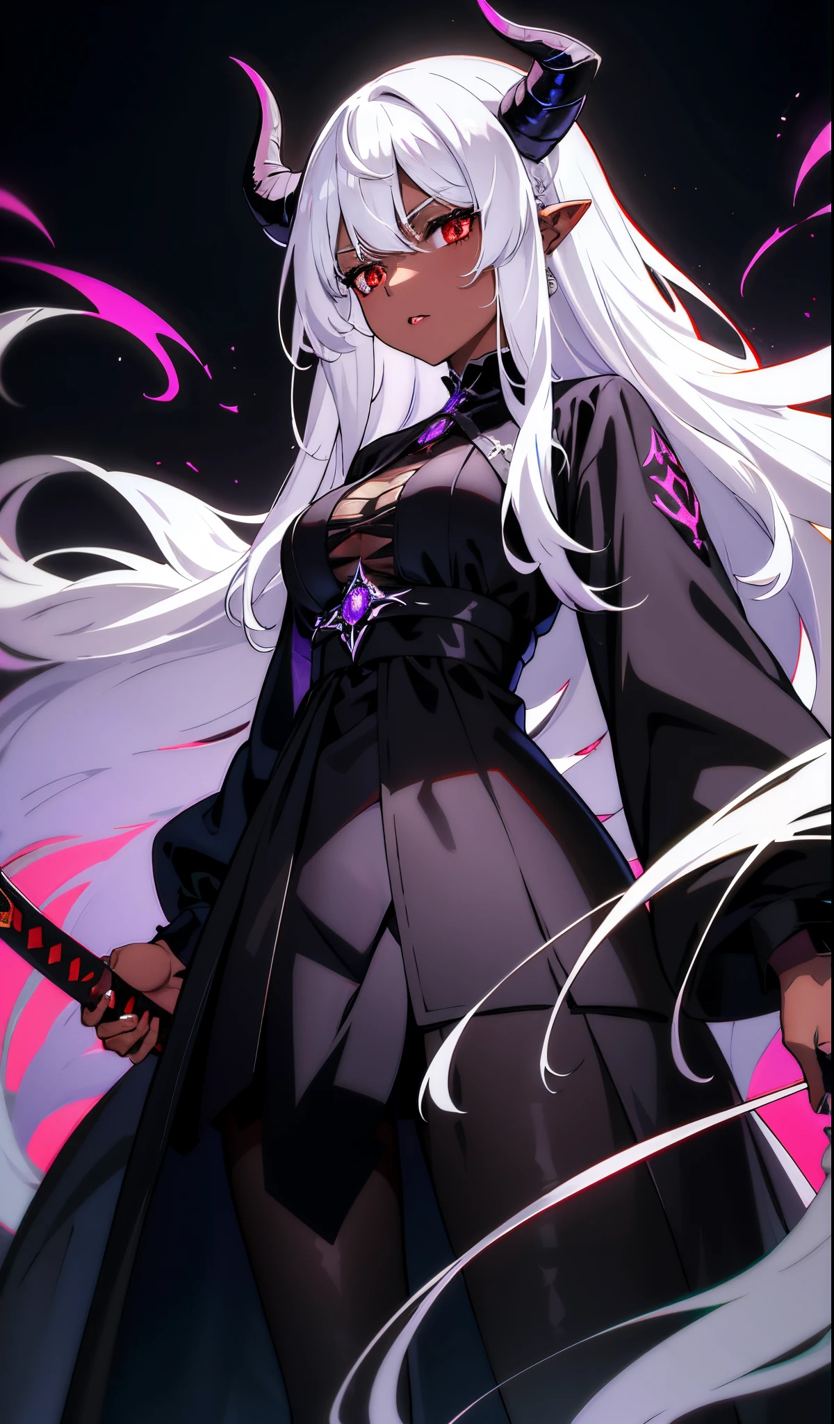 Tall woman with big chest long white hair with black demon horns on her head wearing a black outfit with horns holding a black sword with purple energy coming out of her red eyes darker skin