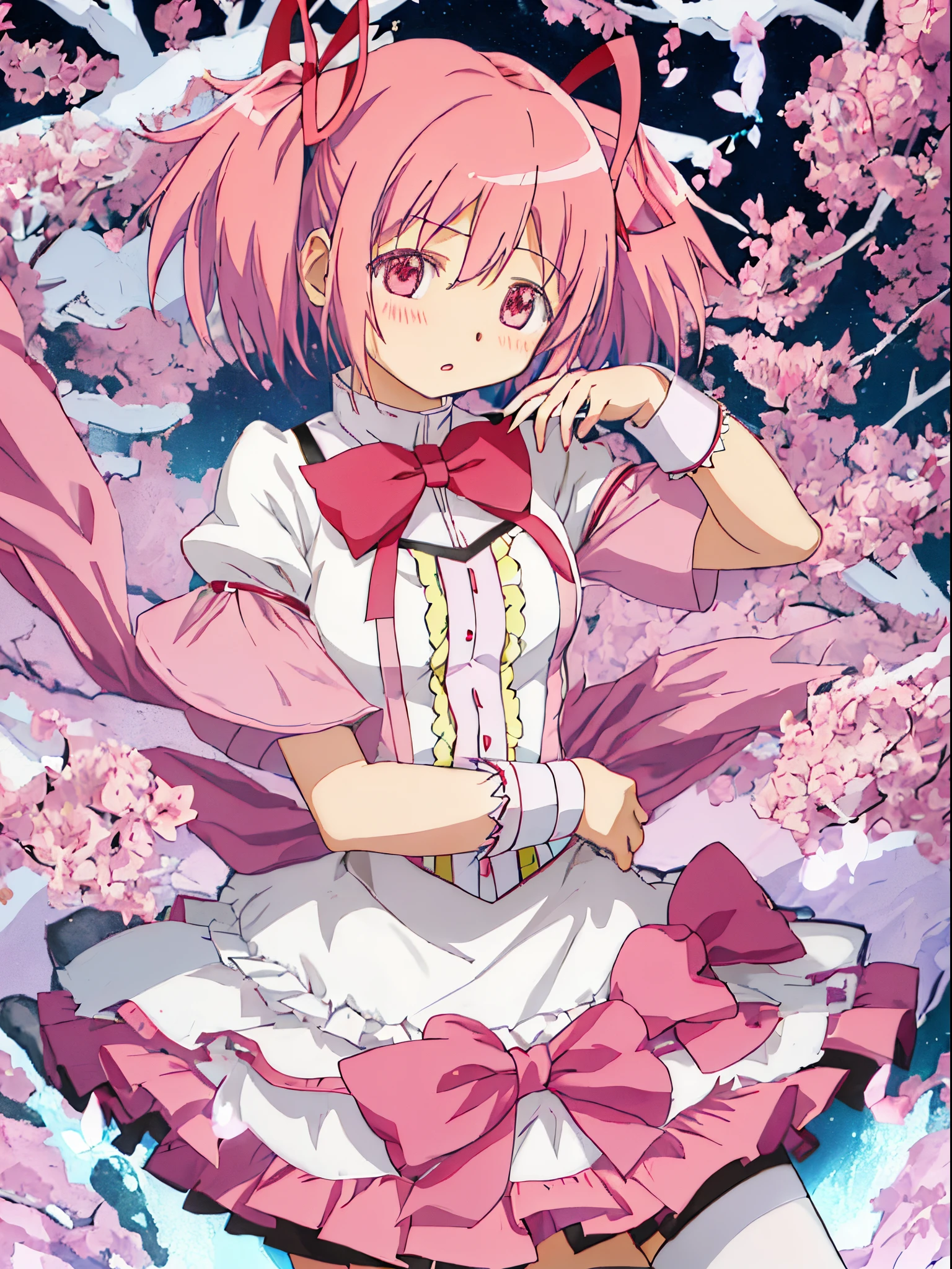 Best Quality, masutepiece, hight resolution, Solo, {Kaname_madoka_Puera Magimado Magica:1.15}, Pink_hair, Short_hair, Twin-tailed, Short_Twin-tailed, Pink_Eyes, bow ribbon, hair_bow ribbon, Bow, blush, 1girl in, Mitakihara_School_uniform, Official_Style, parody, School_uniform, Anime_Coloring, Style_parody, up looking_で_viewer