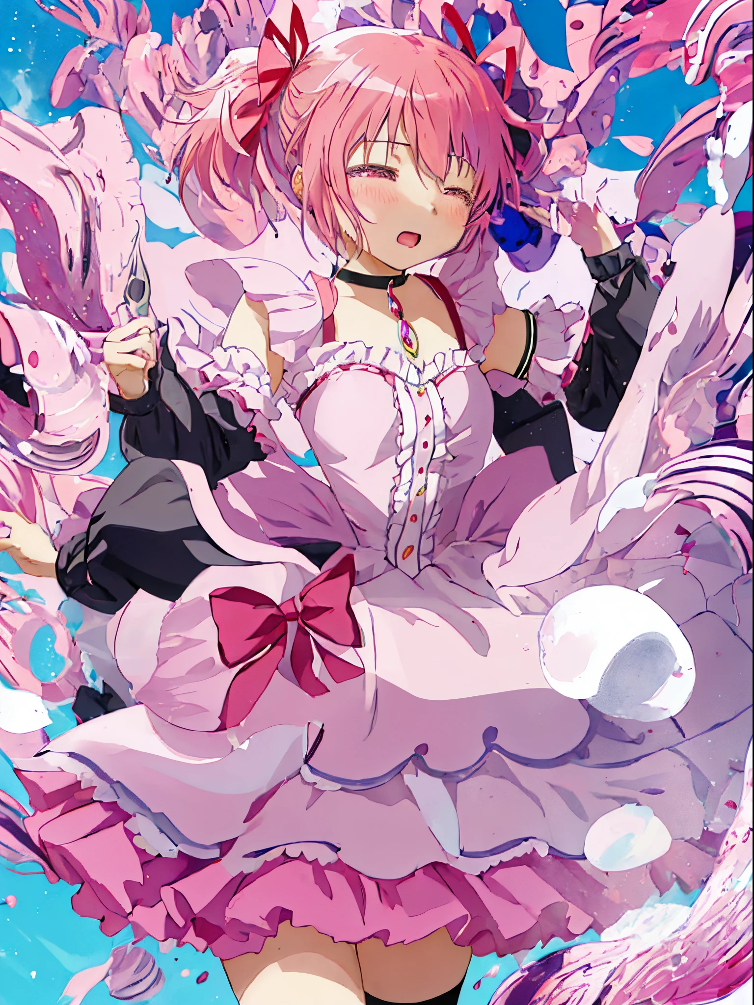 Best Quality, masutepiece, hight resolution, Solo, {Kaname_madoka_Puera Magimado Magica:1.15}, Pink_hair, Short_hair, Twin-tailed, Short_Twin-tailed, Pink_Eyes, bow ribbon, hair_bow ribbon, Bow, blush, 1girl in, Mitakihara_School_uniform, Official_Style, parody, School_uniform, Anime_Coloring, Style_parody, up looking_で_viewer