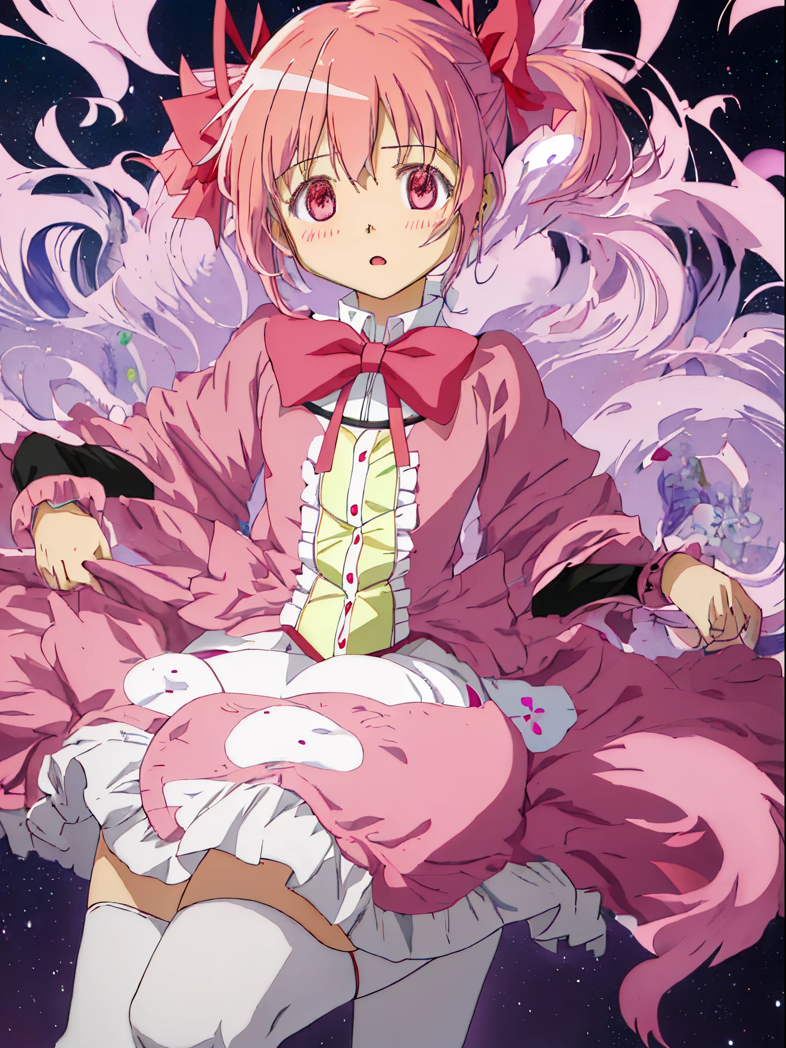 Best Quality, masutepiece, hight resolution, Solo, {Kaname_madoka_Puera Magimado Magica:1.15}, Pink_hair, Short_hair, Twin-tailed, Short_Twin-tailed, Pink_Eyes, bow ribbon, hair_bow ribbon, Bow, blush, 1girl in, Mitakihara_School_uniform, Official_Style, parody, School_uniform, Anime_Coloring, Style_parody, up looking_で_viewer