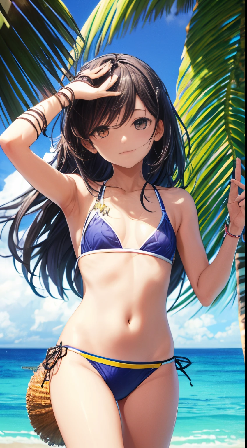 Estilo anime, best possible quality, praia, dia ensolarado (piece of master) random beauty ethnic woman, random hair, sentado na areia contra o sol, the shadow of a palm leaf is cast on your back to give the impression of your spine, adding to the scene a coconut on the side, wears a bikini, Suado