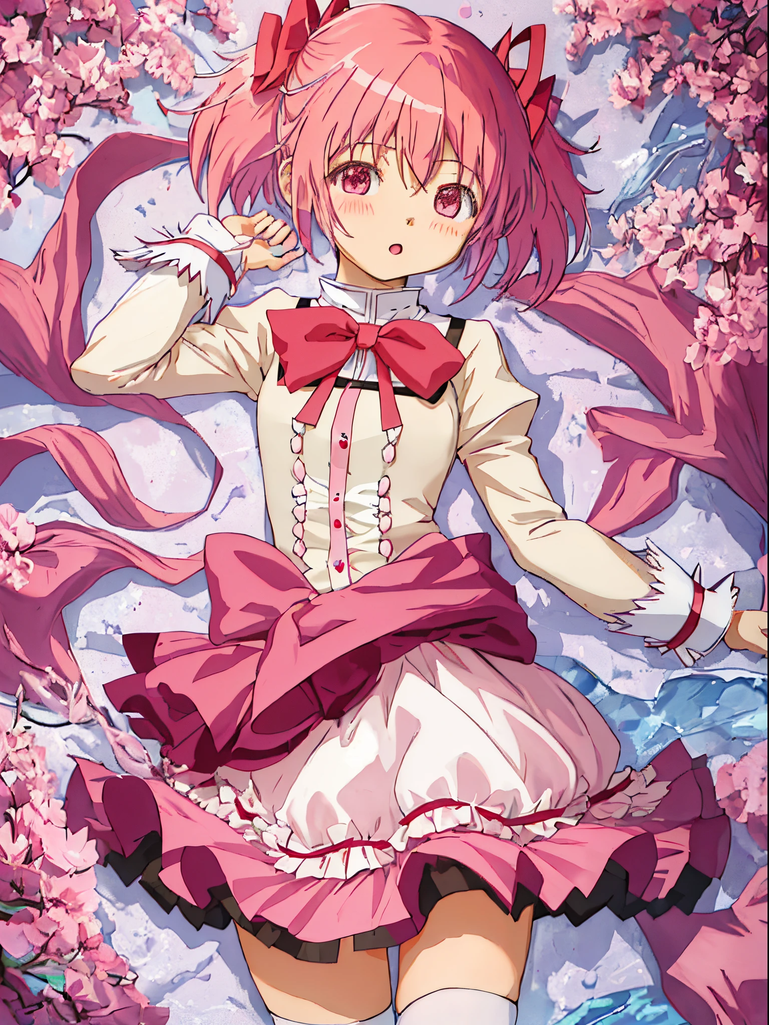 Best Quality, masutepiece, hight resolution, Solo, {Kaname_madoka_Puera Magimado Magica:1.15}, Pink_hair, Short_hair, Twin-tailed, Short_Twin-tailed, Pink_Eyes, bow ribbon, hair_bow ribbon, Bow, blush, 1girl in, Mitakihara_School_uniform, School_uniform