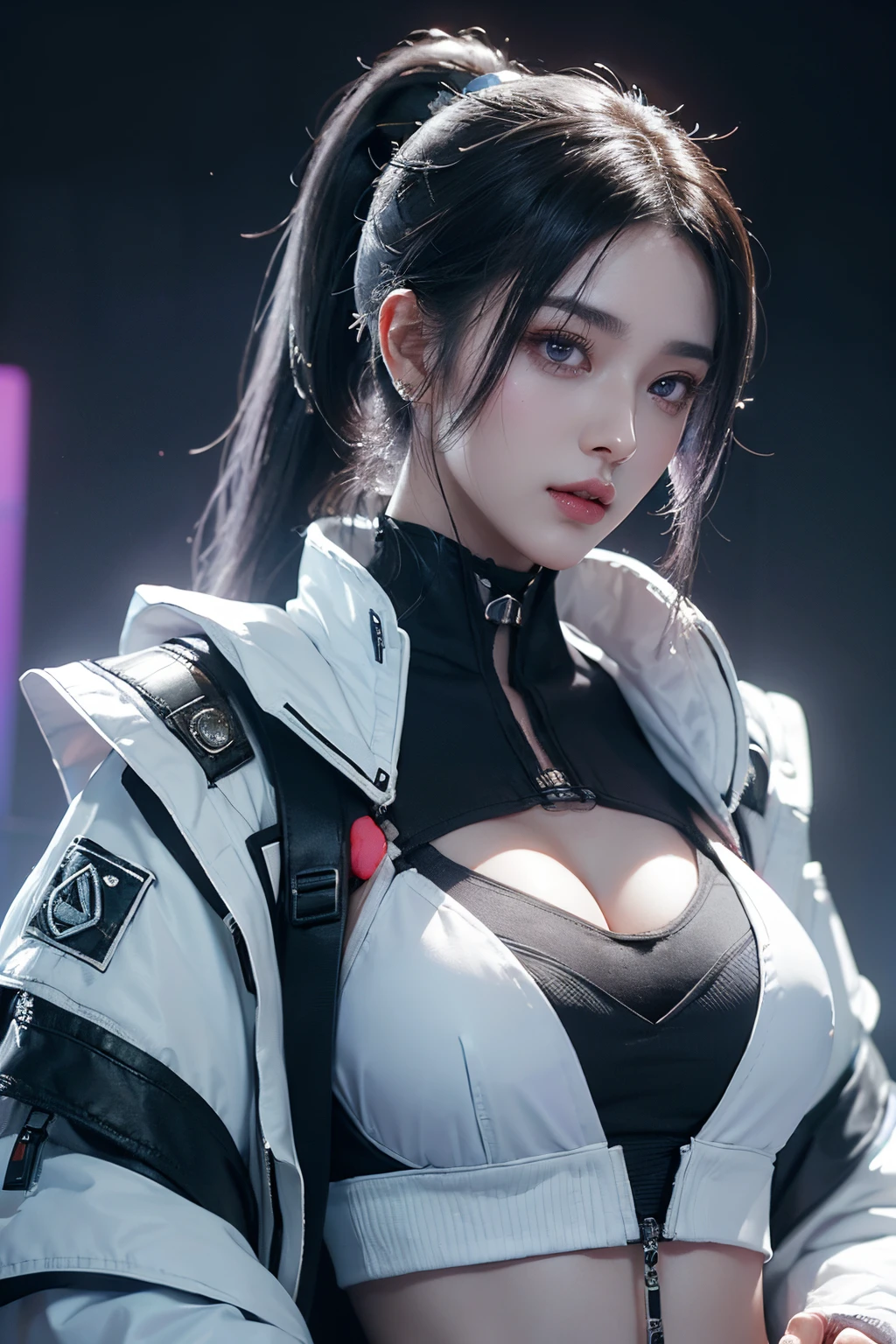 tmasterpiece,Best quality,A high resolution,8K,(Portrait),Head close-up,Original photo,digital photography,(Female scientists in sci-fi style),20岁女孩,long ponytail hairstyle,By bangs,(Purple Eyes),(White hair),A plump chest,cleavage,Elegant and noble,Serious and indifferent,Open white coat,black suspender bra,rich details​,Keep your mouth shut,exposing your navel,Intricate ornaments,Cyberpunk futuristic style,(Female scholars),Photo pose,white backgrounid,oc render reflection texture