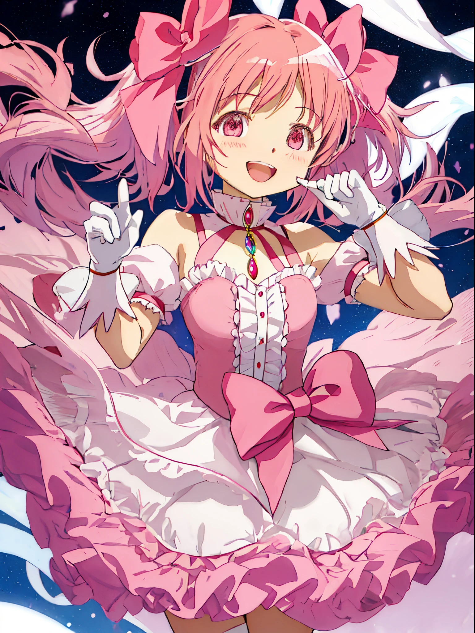 Best Quality, masutepiece, hight resolution, Solo, {Kaname_madoka_Puera Magimado Magica:1.15}, Pink_hair, Short_hair, Twin-tailed, Short_Twin-tailed, Pink_Eyes, bow ribbon, hair_bow ribbon, Bow, blush, 1girl in, Choker, hair_Bow, Magical_girl, gloves, white_gloves, puffies_sleeves, Open_Mouth, Smile