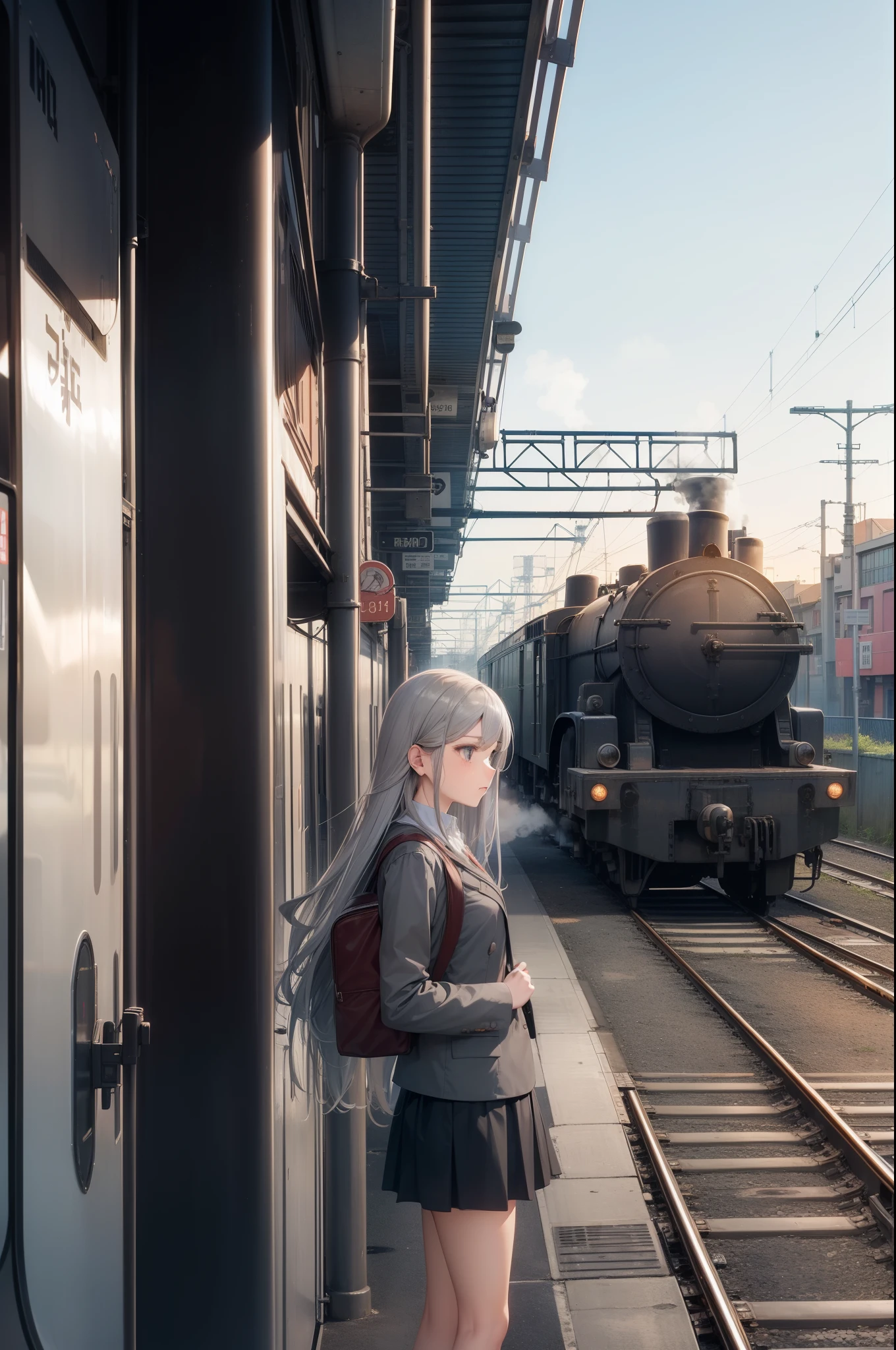 (girl,Alone,Long gray hair,Superskirt,Steam trains,Train station), The rusty station building creates a nostalgic atmosphere,