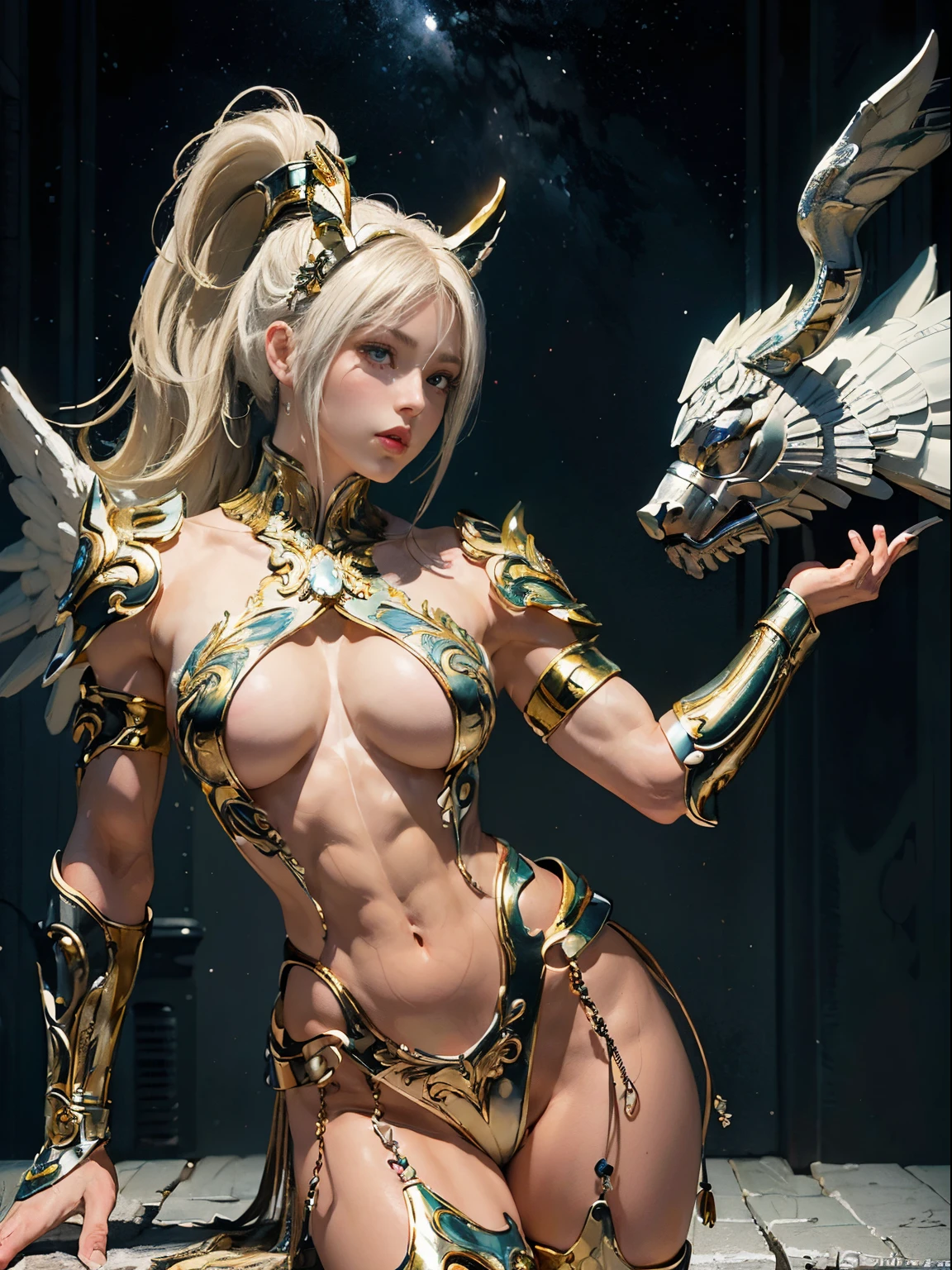 (((of the highest quality: 1.4))),(unparalleled masterpiece ever), (Ultra high definition),(Ultra realistic 8K CG), (((adult body))), (((1girl in))), ((( Short ponytail hair ))), perfect bodies,,Beautiful and well-groomed face, (muscular body:1.4), (Saint Seiya God pegasus cloth, headgear, white hair ornament), Detailed breastplate, gauntlets、is standing, (Image from head to thigh),(( White Blonde Shorthair )),, Simon Bisley's urban savage style,Detailed ancient Roman background,Clean abs, Complex equipment, gold with blue stars and gold and blue stripes, pegasus cloth armor, Poison tattoo, (Thin pink lips: 0.8)