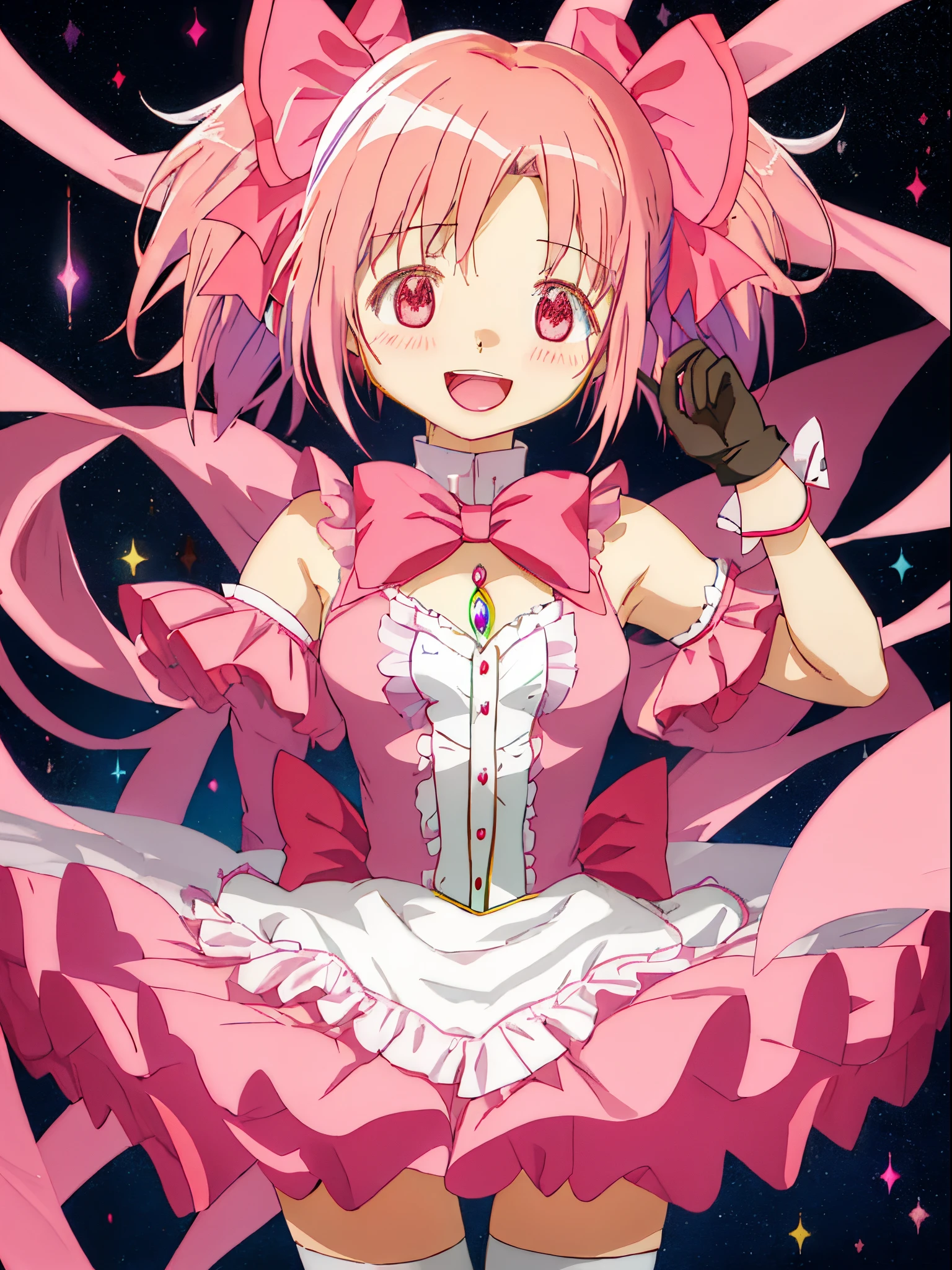 Best Quality, masutepiece, hight resolution, Solo, {Kaname_madoka_Puera Magimado Magica:1.15}, Pink_hair, Short_hair, Twin-tailed, Short_Twin-tailed, Pink_Eyes, bow ribbon, hair_bow ribbon, Bow, blush, 1girl in, Choker, hair_Bow, Magical_girl, gloves, white_gloves, puffies_sleeves, Open_Mouth, Smile