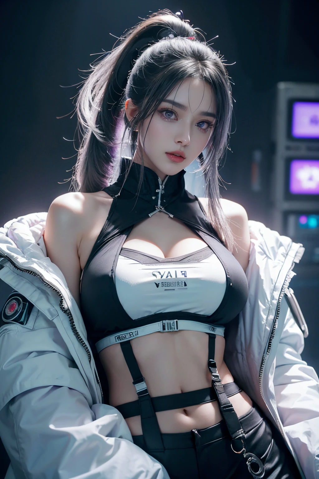 tmasterpiece,Best quality,A high resolution,8K,(Portrait),Head close-up,Original photo,digital photography,(Female scientists in sci-fi style),20岁女孩,long ponytail hairstyle,By bangs,(Purple Eyes),(White hair),A plump chest,cleavage,Elegant and noble,Serious and indifferent,Open white coat,black suspender bra,rich details,Keep your mouth shut,exposing your navel,Intricate ornaments,Cyberpunk futuristic style,(Female scholars),Photo pose,white backgrounid,oc render reflection texture