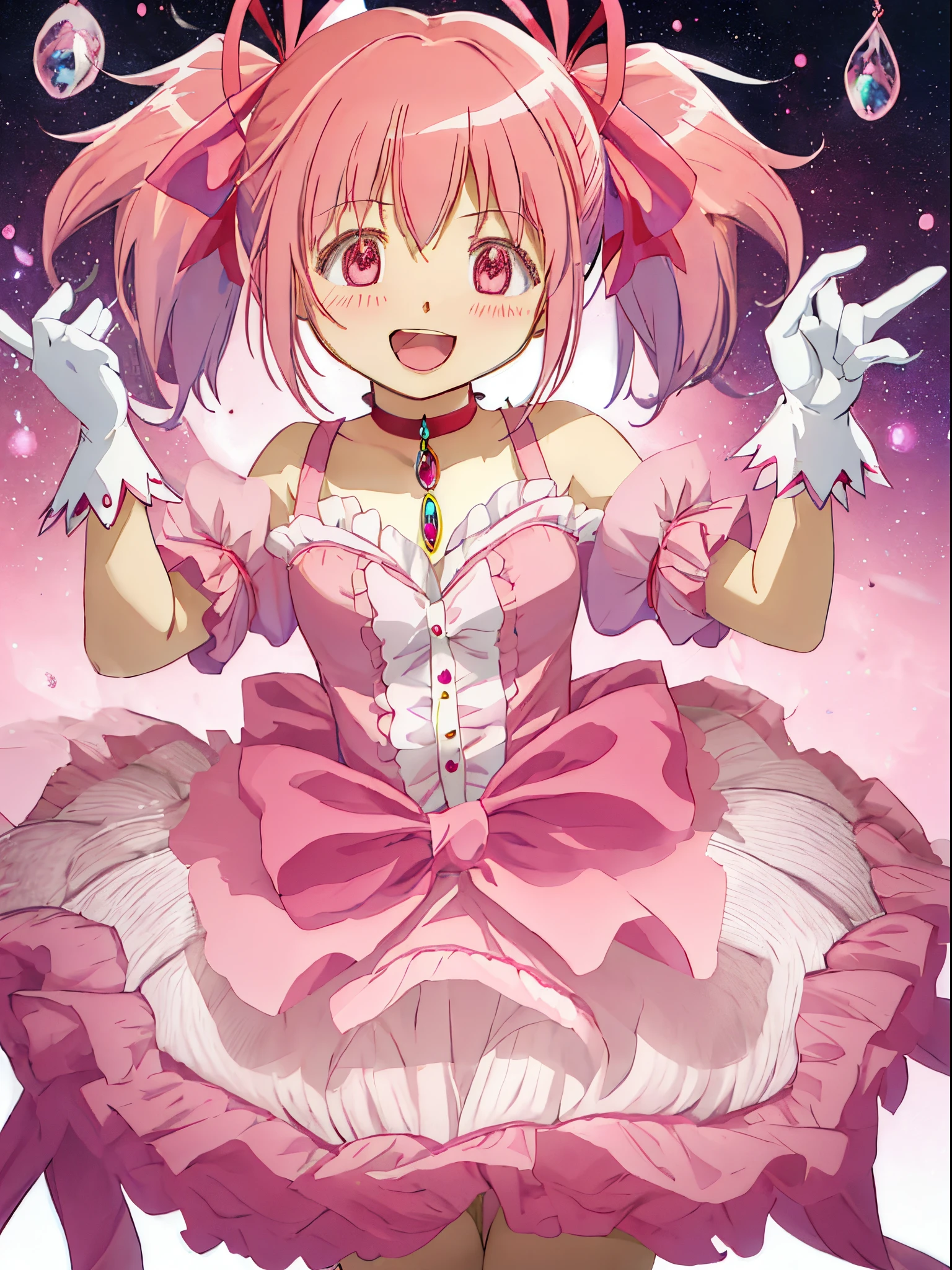 Best Quality, masutepiece, hight resolution, Solo, {Kaname_madoka_Puera Magimado Magica:1.15}, Pink_hair, Short_hair, Twin-tailed, Short_Twin-tailed, Pink_Eyes, bow ribbon, hair_bow ribbon, Bow, blush, 1girl in, Choker, hair_Bow, Magical_girl, gloves, white_gloves, puffies_sleeves, Open_Mouth, Smile