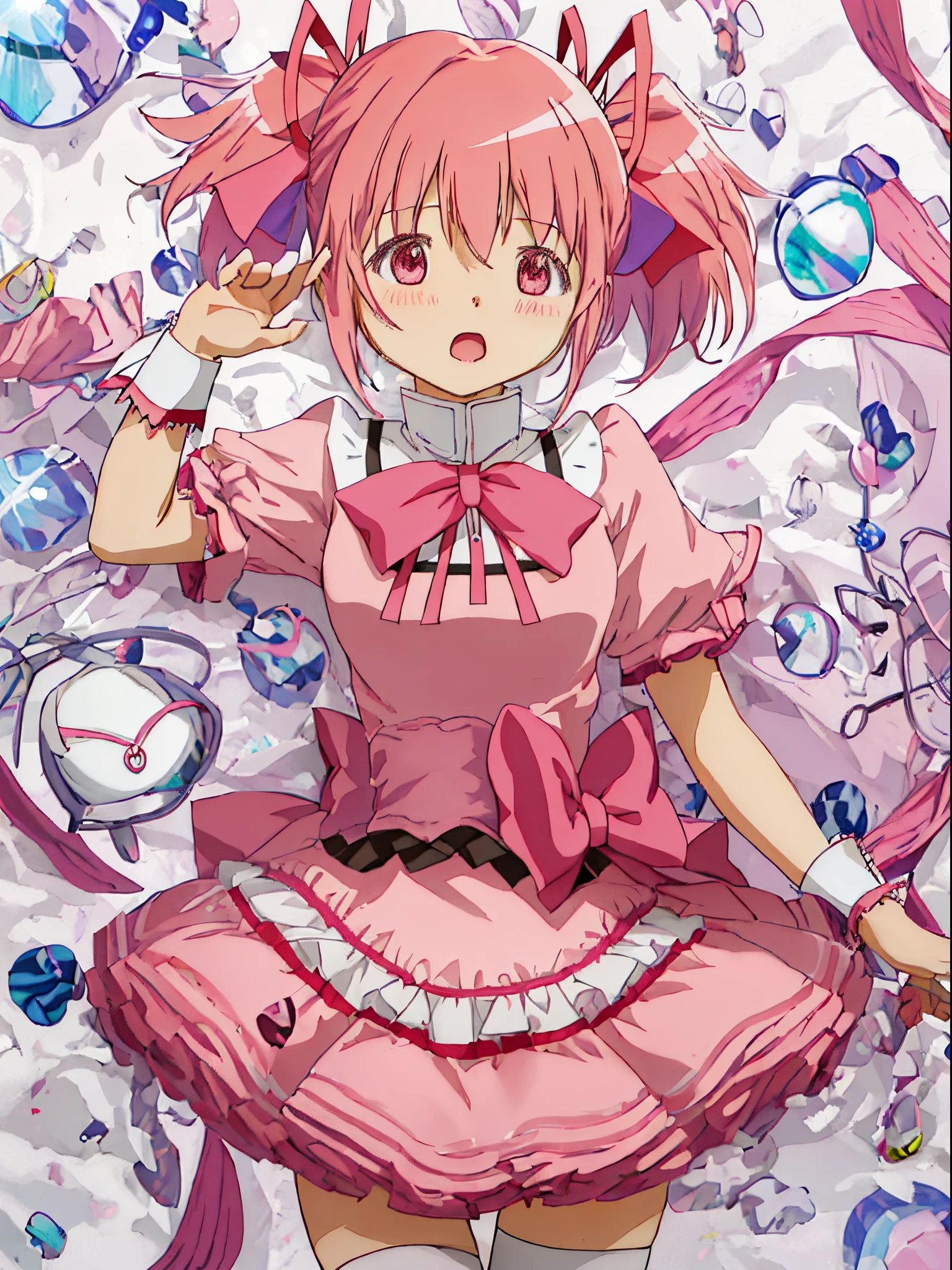 Best Quality, masutepiece, hight resolution, Solo, {Kaname_madoka_Puera Magimado Magica:1.15}, Pink_hair, Short_hair, Twin-tailed, Short_Twin-tailed, Pink_Eyes, bow ribbon, hair_bow ribbon, Bow, blush, 1girl in, Mitakihara_School_uniform, Official_Style, parody, School_uniform