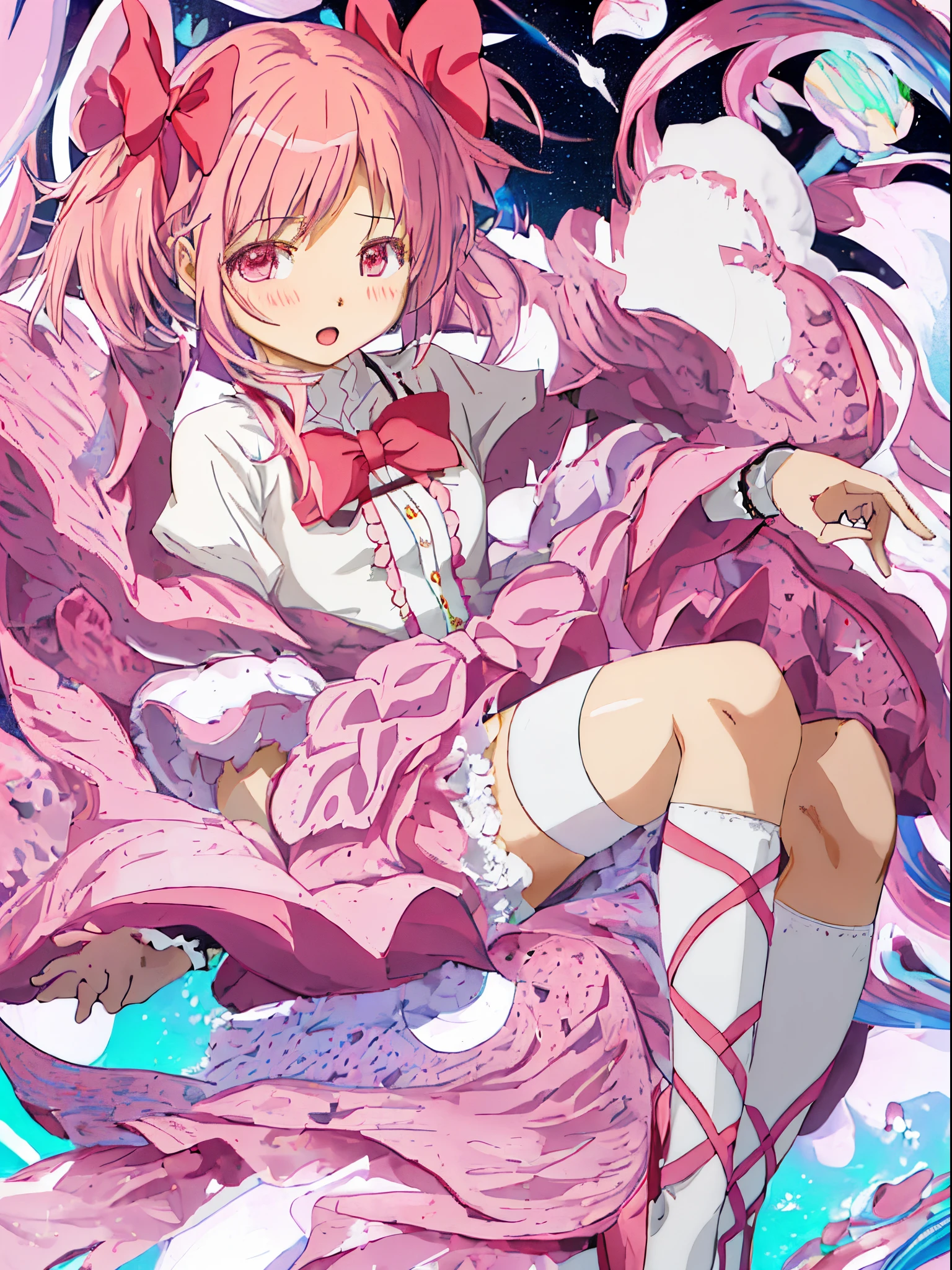 Best Quality, masutepiece, hight resolution, Solo, {Kaname_madoka_Puera Magimado Magica:1.15}, Pink_hair, Short_hair, Twin-tailed, Short_Twin-tailed, Pink_Eyes, bow ribbon, hair_bow ribbon, Bow, blush, 1girl in, Mitakihara_School_uniform, Official_Style, parody, School_uniform