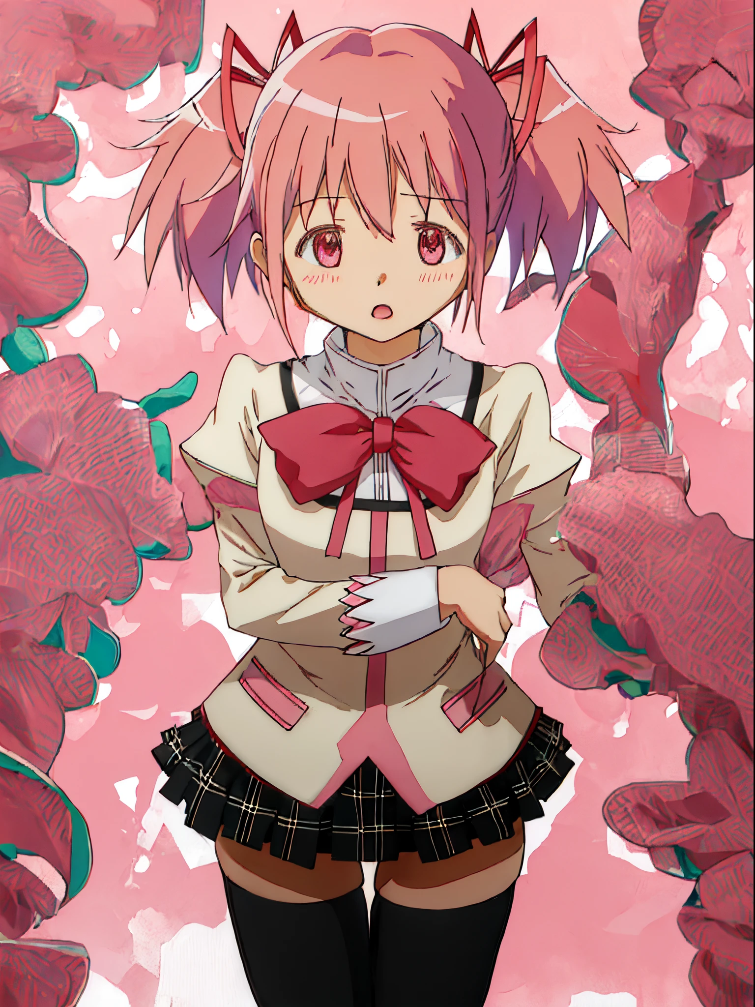 Best Quality, masutepiece, hight resolution, Solo, {Kaname_madoka_Puera Magimado Magica:1.15}, Pink_hair, Short_hair, Twin-tailed, Short_Twin-tailed, Pink_Eyes, bow ribbon, hair_bow ribbon, Bow, blush, 1girl in, Mitakihara_School_uniform, Official_Style, parody, School_uniform