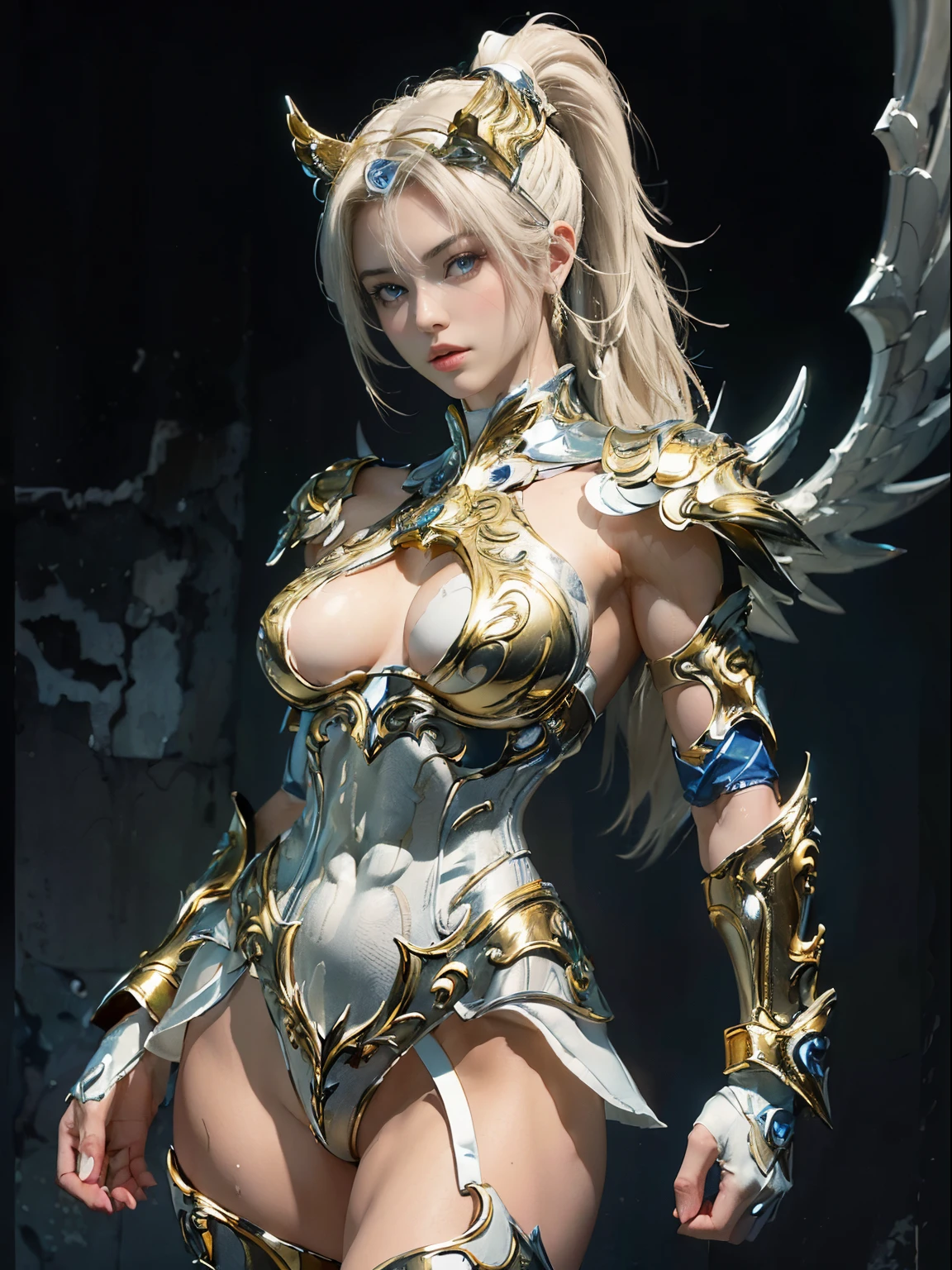 (((of the highest quality: 1.4))),(unparalleled masterpiece ever), (Ultra high definition),(Ultra realistic 8K CG), (((adult body))), (((1girl in))), ((( Short ponytail hair ))),  perfect bodies,,Beautiful and well-groomed face, (muscular body:1.4), (Saint Seiya God pegasus cloth, headgear, white hair ornament), Detailed breastplate, gauntlets、is standing, (Image from head to thigh),(( White Blonde Shorthair )),, Simon Bisley's urban savage style,Detailed ancient Roman background,Clean abs, Complex equipment, gold with blue stars and gold and blue stripes, pegasus cloth armor, Poison tattoo,  (Thin pink lips: 0.8)