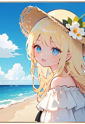 Rococo style,(Cinematic poster:1.2), Soft lighting, (Dramatic Angle:1.25),(Solo:1.4), (1girl in),((Blonde hair), long curly hair), Blue eyes, (Smile),beach straw hat, (off shoulder shirt), hat flower ,(Looking to the side:1.3), Fantastic and colorful, Sea ,coconut tree, Blue sky with clouds,(Beach:1.3) ,(masutepiece:1.2),Ultra-detailed,(Best Quality), Illustration, (depth of fields),