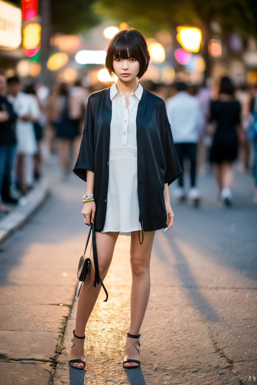 (masterpiece:1.3), (8k, photorealistic, RAW photo, best quality: 1.4), japanese, (1girl), blown long hair, pixie bob, earrings, dressy, evening, sunset, fashionable town, Ginza, informal, face focus,(full body shot:1.4),standing, depth of field, bokeh,monotone fashion,mode fashion ,shirt,party,