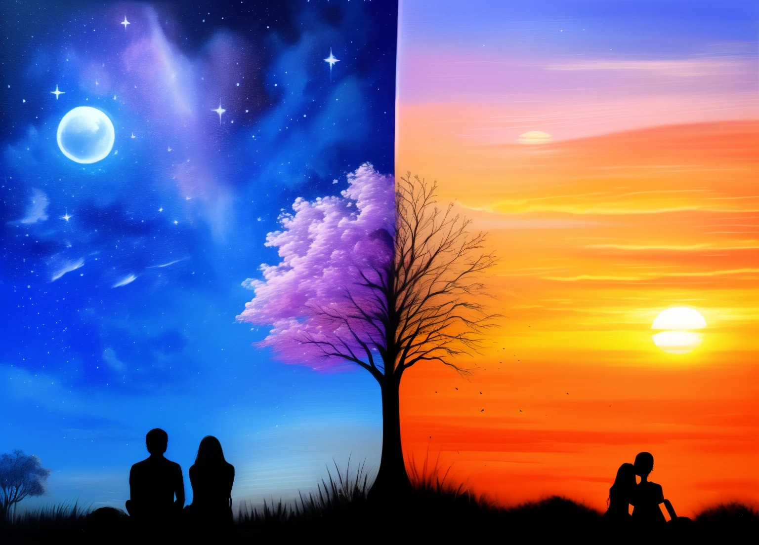 painting of two people sitting on a hill watching the sunset, romantic painting, Pintura em tela, acrylic painting, sunset sunrise, Arte bonita UHD 4K, acrylic canvas, gorgeous romantic sunset, a pintura ganha vida, art painting, incredible depth, scenery artwork, acrylic art, pintura bonita de amigos, awesome art, large twin sunset, acrylic paint on canvas