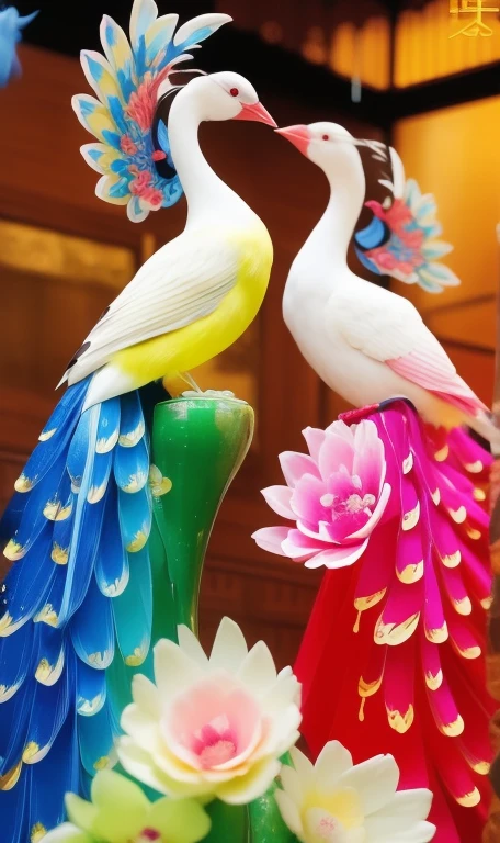 There are two colorful birds sitting on a vase, beautiful and graceful, Peaceful and elegant, beautifully painted, Colorful birds, Chinese traditional, beautiful colorful, traditional chinese art, mystical birds, complex with colorful, beautiful colorful, Colorful HD pictures, Colorful, made of silk paper, with beautiful colors, details and vivid colors, made of glowing wax and ceramic