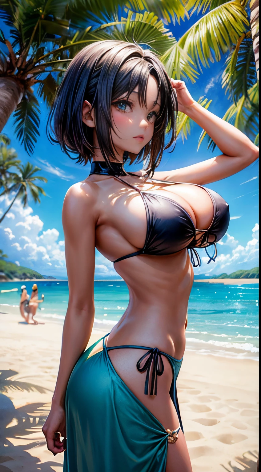 Estilo anime, best possible quality, praia, dia ensolarado (piece of master) random beauty ethnic woman, random hair, sentado na areia contra o sol, the shadow of a palm leaf is cast on your back to give the impression of your spine, adding to the scene a coconut on the side, wears a bikini, Suado