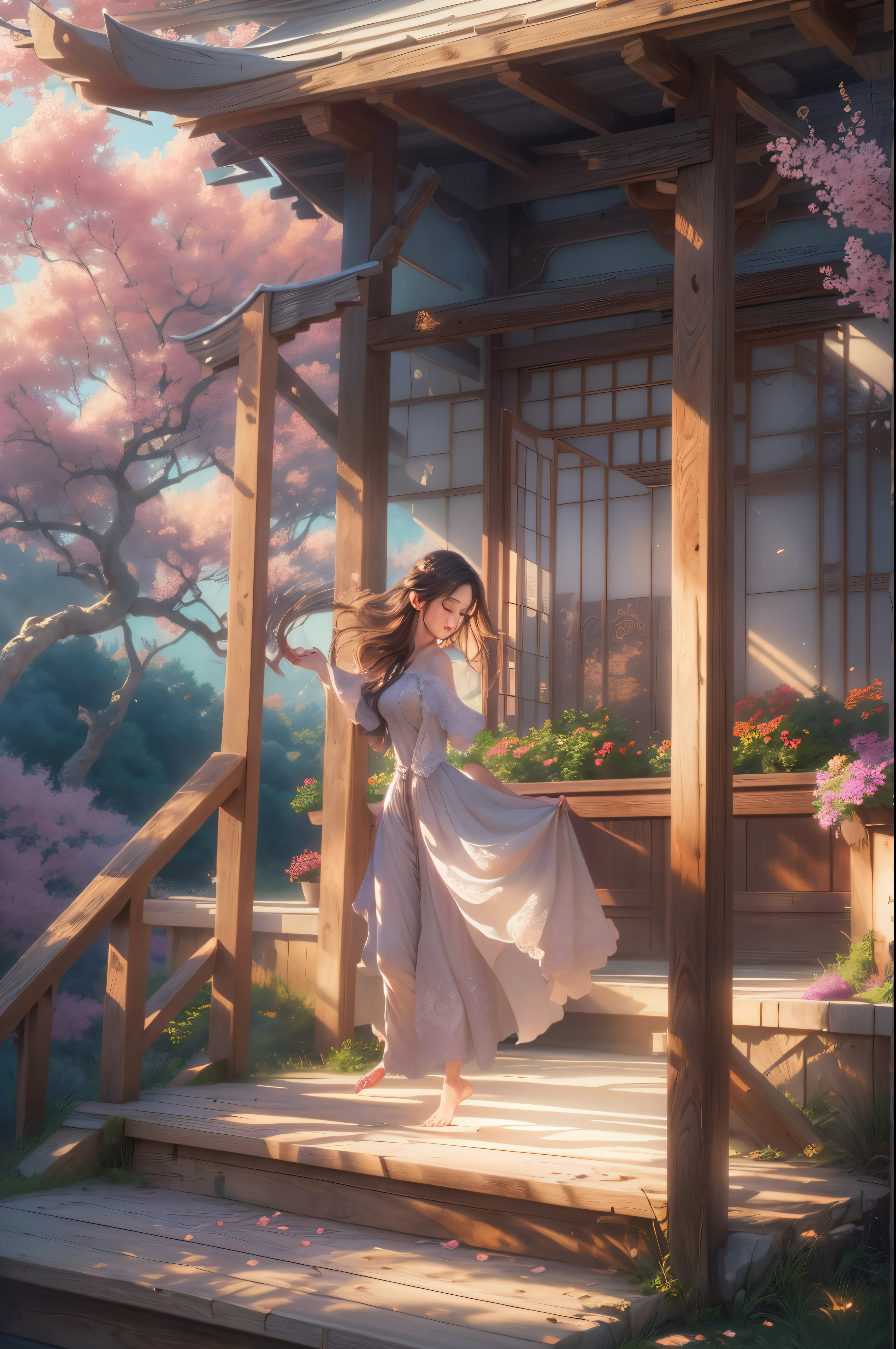 (best quality,4k,8k,highres,masterpiece:1.2),ultra-detailed,(realistic,photorealistic,photo-realistic:1.37),anime,nature,painting,sunset,fluffy clouds,windswept leaves,windmill,beautiful glowing colors,vibrant landscape,captivating atmosphere,magical scenery,golden glow,serene,peaceful,surreal lighting,airy and light,soft pastel tones,dreamy,warm hues,elegant,sophisticated,ethereal,tranquil,brushstrokes,magnificent,picturesque,imagination,impressive,whimsical,blending colors,immersive,detailed patterns,romantic scenery,dusk,diffused light,sun rays,impressionistic,serene ambiance,dynamic composition,mysterious,unforgettable,picturesque views,fresh air,tranquility,majestic perspective,soothing,graceful movements,cherry blossoms gracefully falling,harmony,delicate petals,photo-realistic details,melancholic undertones,quiet moments,lush greenery,reverie,transcendent atmosphere,cool breeze,gentle swaying,touch of nostalgia,leisurely stroll,peaceful coexistence.