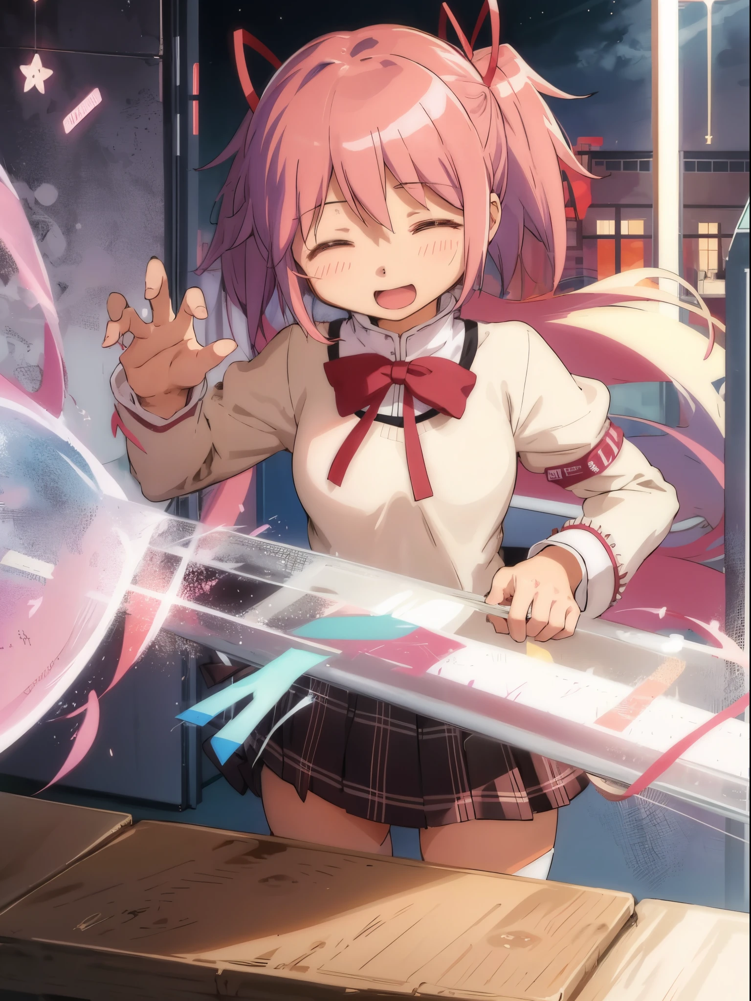 1girl, solo, madoka, school uniform, home background, happy,