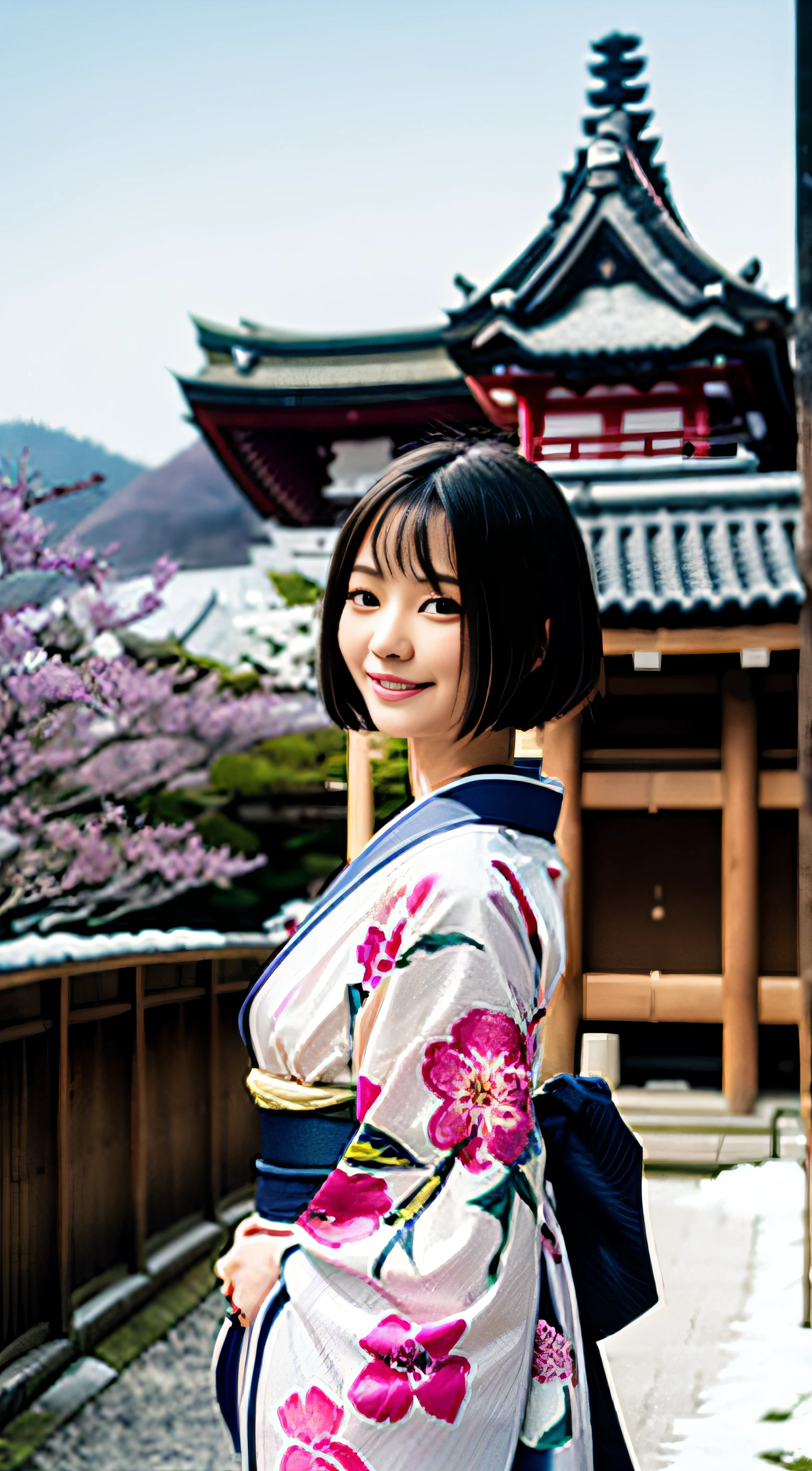 masutepiece, Best Quality, hight resolution, 1 Japanese woman, 22 years old、Beautiful face、Angel Smile、slenderbody、flaxen short-haired, Japanese luxury kimono furisode、fully body photo、accurate anatomy、With the five-storied pagoda in Kyoto in the background、snowscape