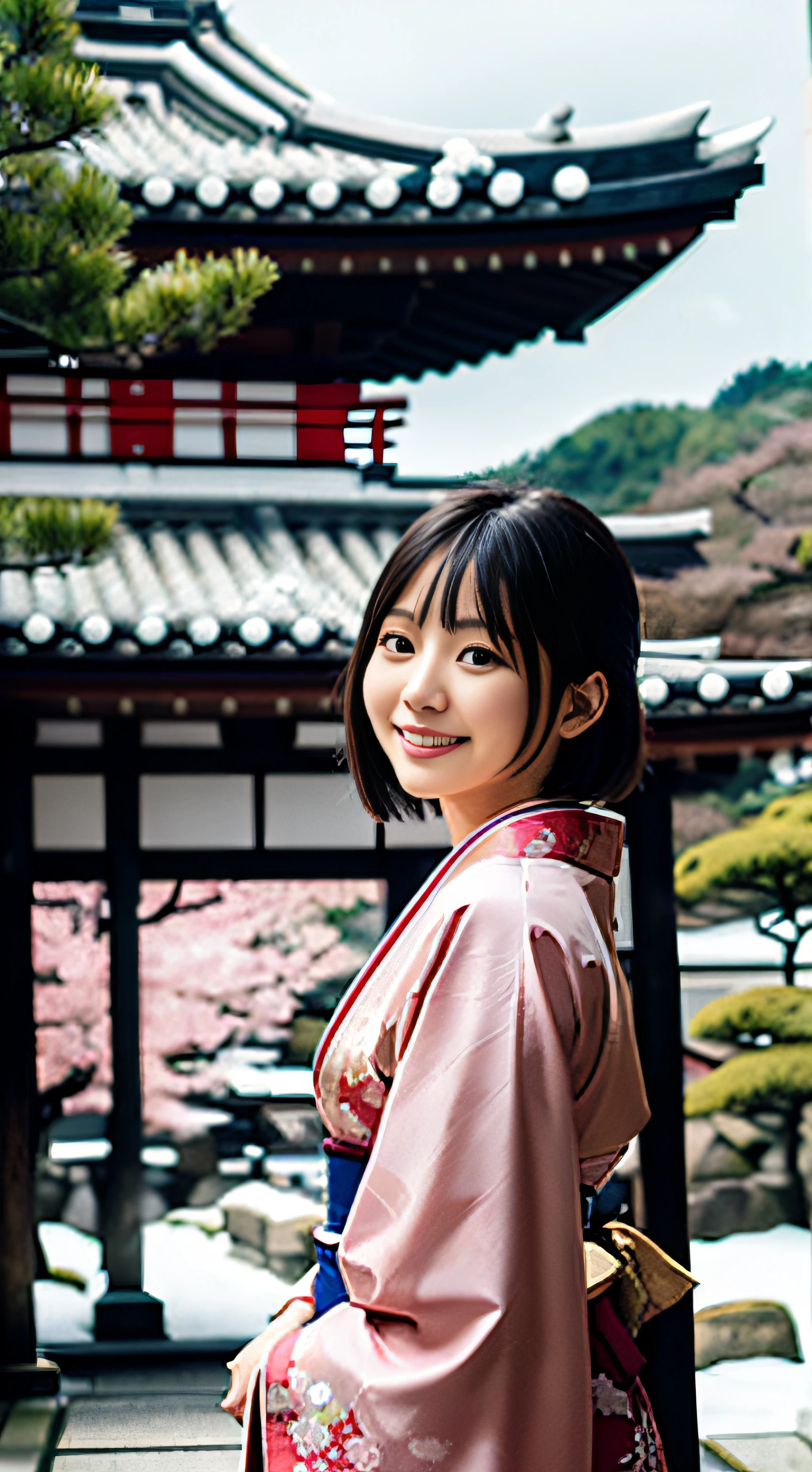 masutepiece, Best Quality, hight resolution, 1 Japanese woman, 22 years old、Beautiful face、Angel Smile、slenderbody、flaxen short-haired, Japanese luxury kimono furisode、fully body photo、accurate anatomy、With the five-storied pagoda in Kyoto in the background、snowscape