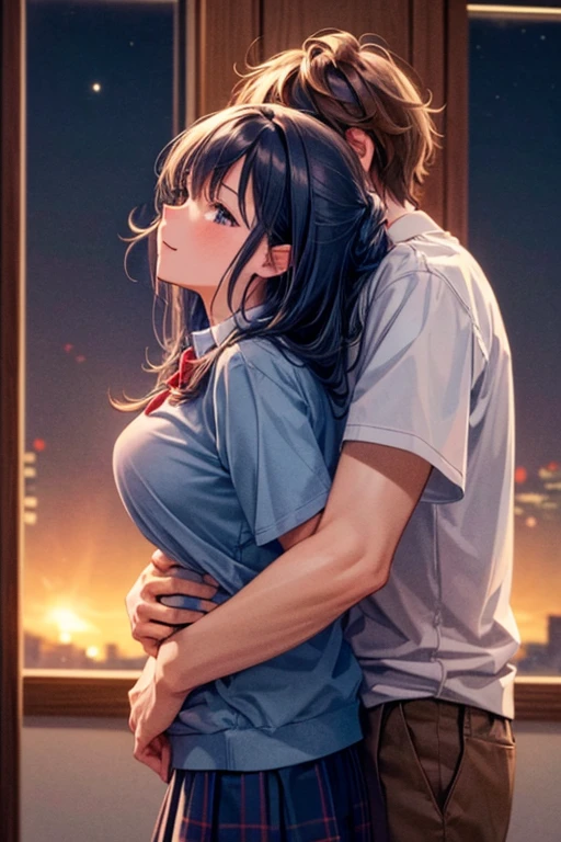 (8k, best quality, masterpiece:1.2), 1girl, 1boy, cuddle, night sky, school uniform, head stroking, smile, (hug from behind:1.6), affectionate, tall boy, romantic