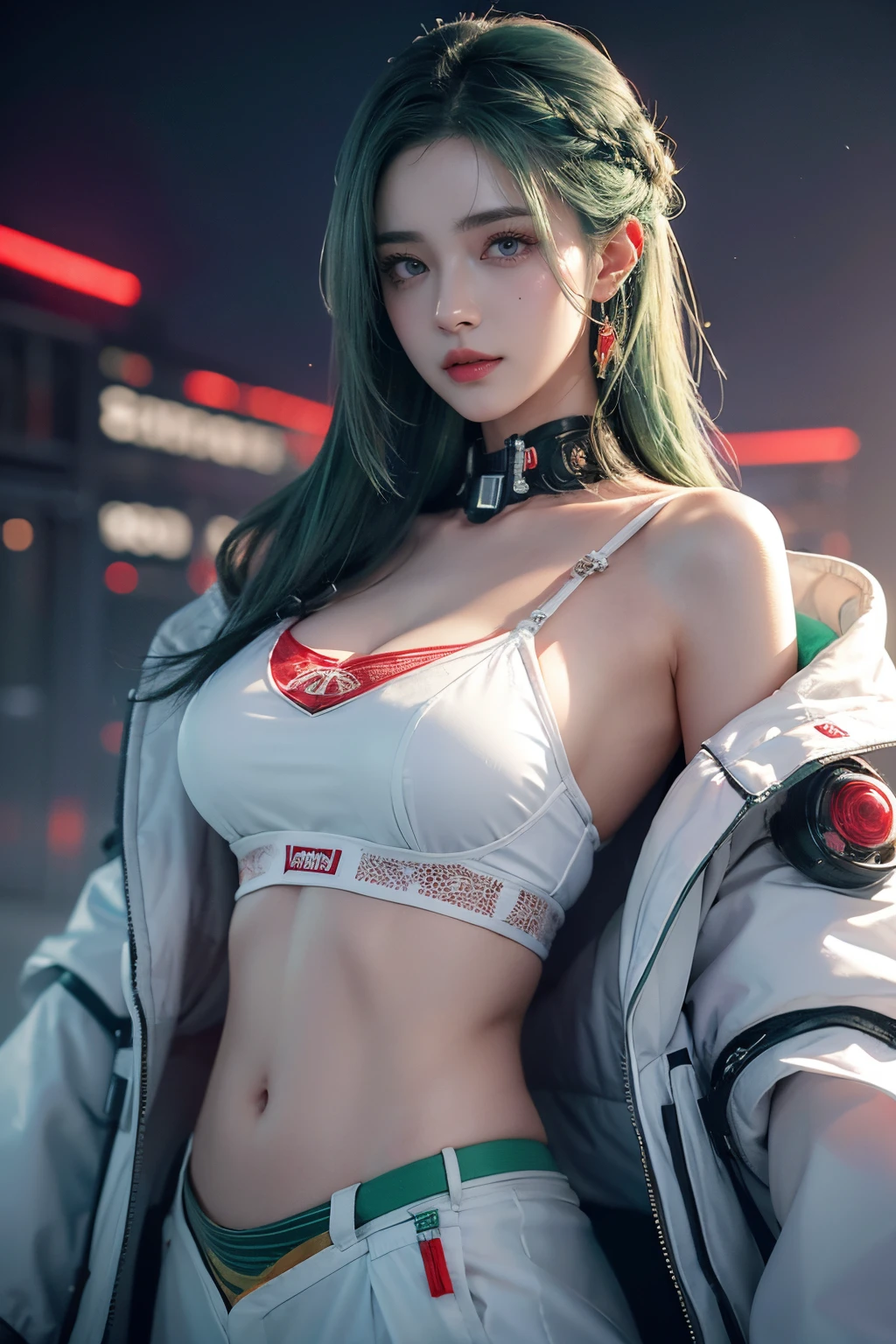 tmasterpiece,Best quality,A high resolution,8K,(Portrait),Head close-up,Original photo,digital photography,(Female scientists in sci-fi style),20岁女孩,random hair style,By bangs,(Purple Eyes),(Green hair),A plump chest,cleavage,Elegant and noble,Serious and indifferent,Open white coat,Red suspender bra,rich details​,Keep your mouth shut,exposing your navel,Intricate ornaments,Cyberpunk futuristic style,(Female scholars),Photo pose,white backgrounid,oc render reflection texture