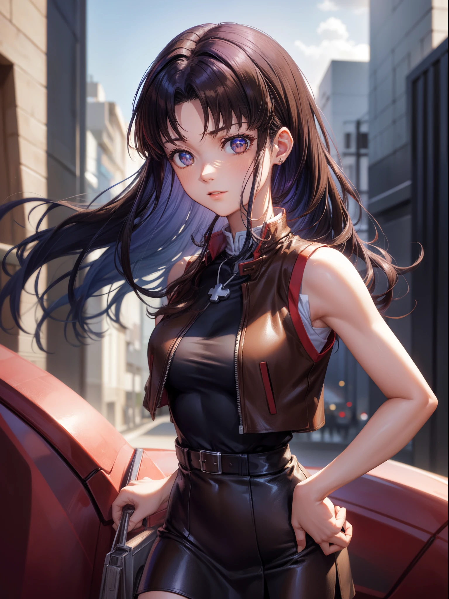 NSFW、Misato Katsuragi, Misato Katsuragi, Long hair, (Brown eyes:1.5), Blue hair, Purple hair, Breaks have, Dress, Bare shoulders, Jewelry, Jacket, earrings, Open your clothes, Sleeveless, Necklace, Black Dress, Open jacket, Sleeveless dress, beret, Short dress, red headwear, Red jacket, Cross Necklace, BREAK looking at viewer, BREAK outdoors, a bed, BREAK (masutepiece:1.2), Best Quality, High resolution, Unity 8k壁纸, (Illustration:0.8), (Beautiful detailed eyes:1.6), extra detailed face, Perfect Lighting, extremely details CG, (Perfect hands, Perfect Anatomy),
