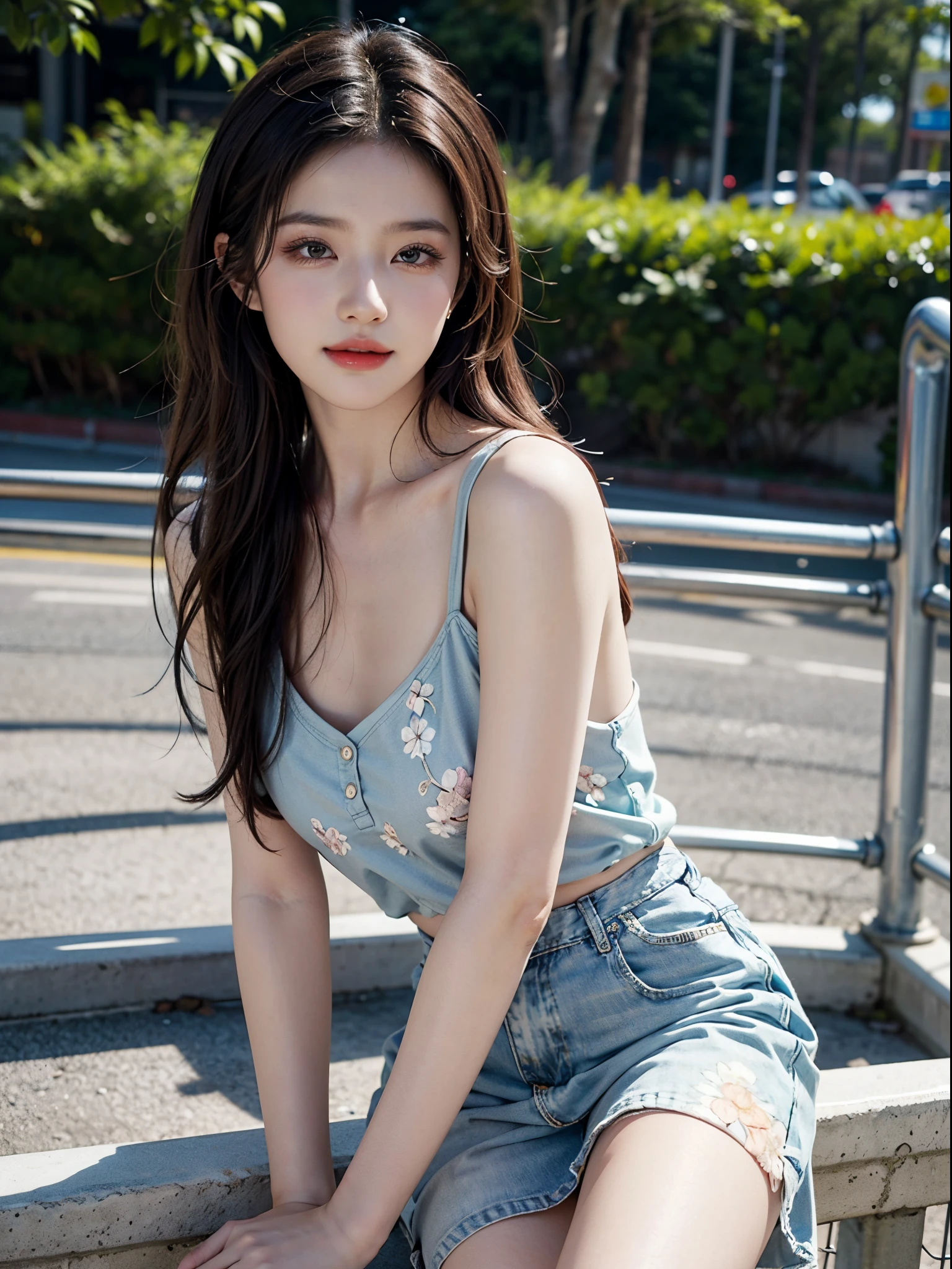 APS, fashi-girl,red lips,mature female,makeup, liuyifei, ((cowboy shot)), (best quality, masterpiece:1.2), ultra-detailed, (realistic:1.37), beautiful, youthful, glamorous model with (detailed eyes, detailed lips, extremely detailed eyes),   in a knee shot, with white and floral colors, showcasing a radiant smile, slender figure, long legs, creating a breathtaking depiction of a girl enjoying the sunshine, On the bow, leaning against the guardrail, looking into the distance