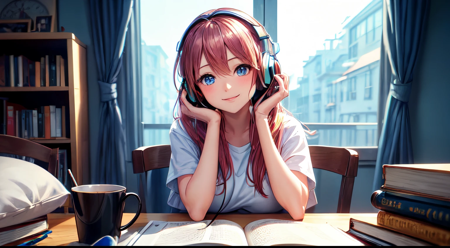(best quality,masterpiece:1.2),detailed,perfect face,girl in the room at night,holding a book,next to a big window,wearing headphones,2D anime style,illustration,soft lighting,vibrant colors,sparkling,peaceful atmosphere,cozy background,expressive eyes,warm smile,flowing hair,headphones on,bright-eyed,likeable character