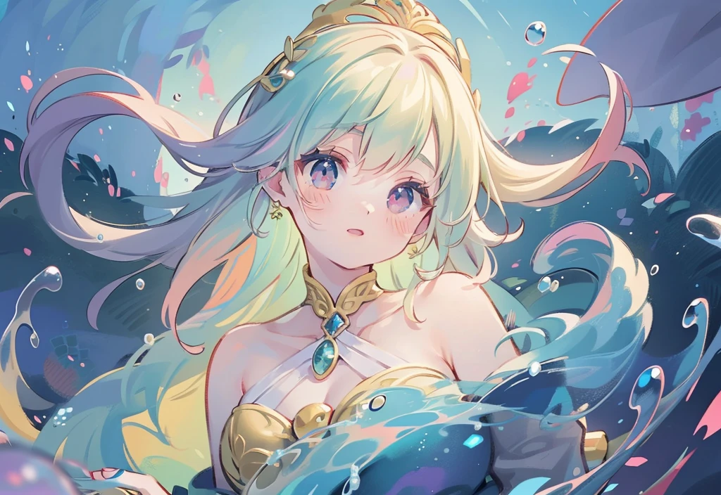 masutepiece, Best Quality, 8K resolution, Sharp Focus, intricate detailes, Beautiful Girl, Sparkling eyes, Golden Ratio Face, Otherworldly liquid, watercolor paiting, Pastel colors, Bright colors, capricious, Colorful, Sharp Focus, High resolution, Fine detail, Liquid Ball Gown, ((Round eyes))