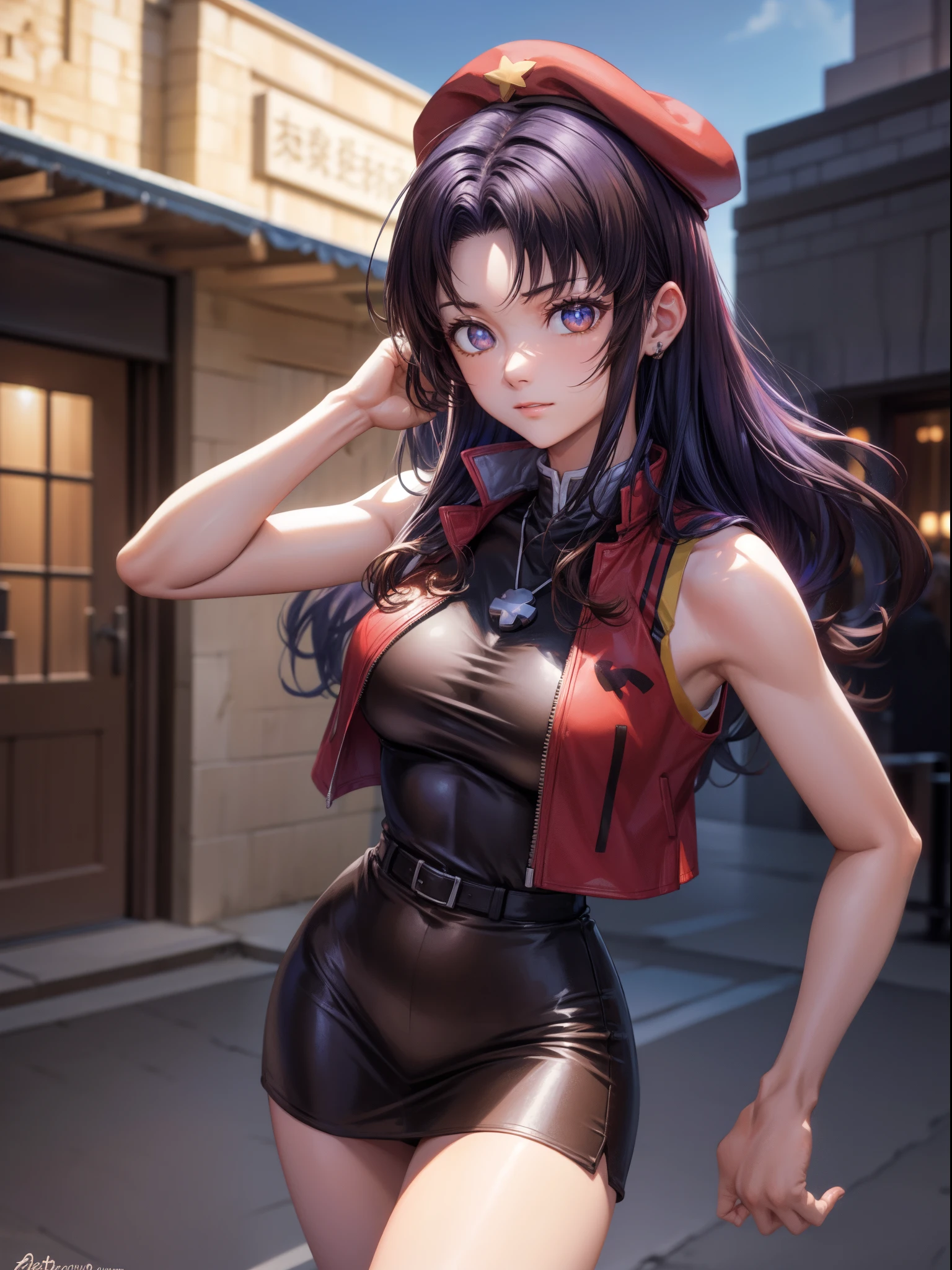 NSFW、Misato Katsuragi, Misato Katsuragi, Long hair, (Brown eyes:1.5), Blue hair, Purple hair, Breaks have, Dress, Bare shoulders, Jewelry, Jacket, earrings, Open your clothes, Sleeveless, Necklace, Black Dress, Open jacket, Sleeveless dress, beret, Short dress,  red headwear, Red jacket, Cross Necklace, BREAK looking at viewer, BREAK outdoors, a bed, BREAK (masutepiece:1.2), Best Quality, High resolution, Unity 8k壁纸, (Illustration:0.8), (Beautiful detailed eyes:1.6), extra detailed face, Perfect Lighting, extremely details CG, (Perfect hands, Perfect Anatomy),