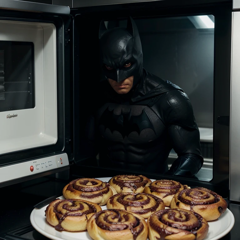 Batman staring at a microwave with burnt cinnamon rolls