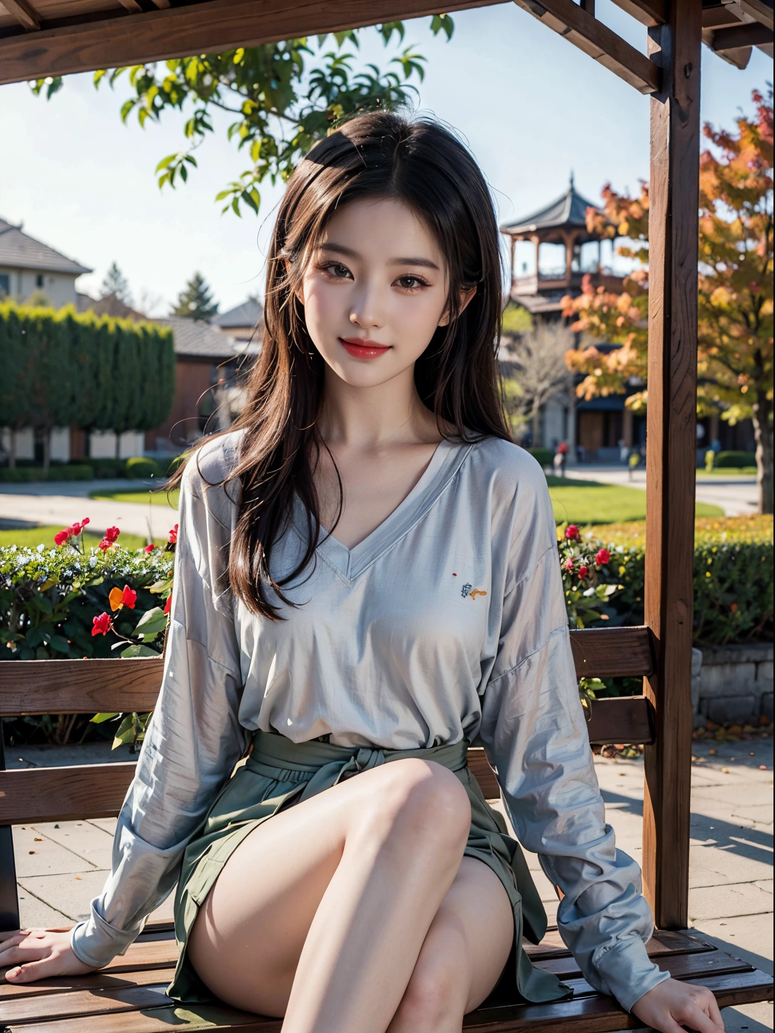 Araffe asian woman sitting on a bench in a park - SeaArt AI