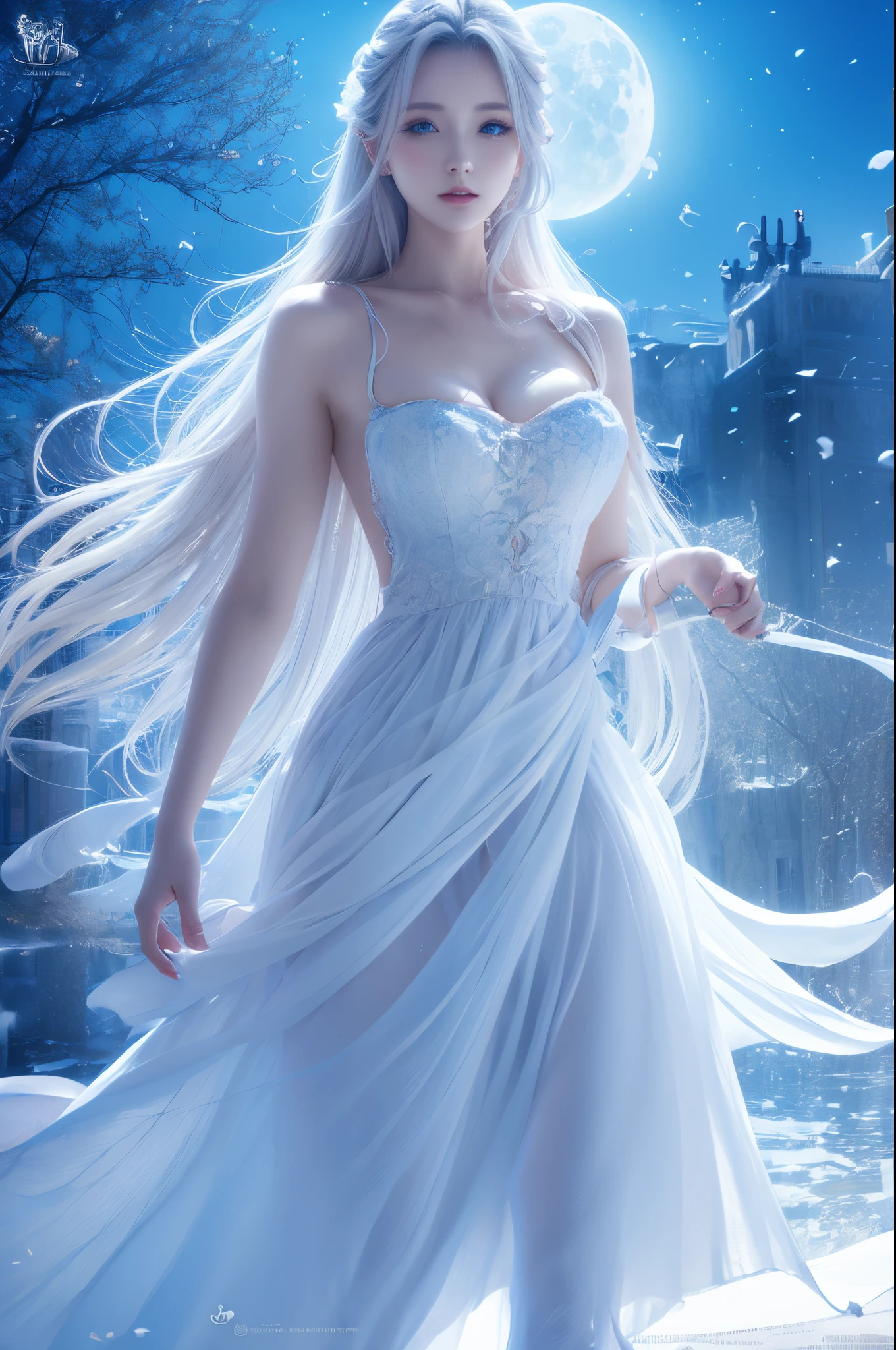 German woman, eBlue eyes, White wedding dress，Long white hair overlooking the city................., beautiful fantasy art, Ethereal fantasy, very beautiful fantasy art, Beautiful digital artwork, digital art fantasy, future and impersonal, digital art fantasy ), amazing fantasy art, beautiful fantasy, digital art fantasy art, 4k highly detailed digital art, detailed fantasy digital art, beautiful digital art, digital art fantasy, themoon, Winters，Frozen