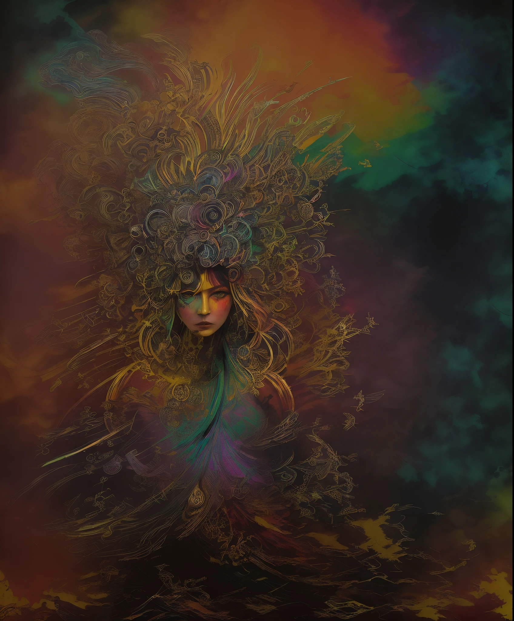 Official art, Unity 8k壁纸, ultra-detailliert, Beautiful and aesthetic, masutepiece, Best Quality, (Zentangle, mandalas, Tangle, Entangle:1.2), (Fractal Art:1.3) , 1girl in, Extremely detailed, Dynamic Angle, cowboyshot, (Most Beautiful Form of Chaos:1.2), Elegant, a brutalist designed,( vivd colour:1.4), romanticism, by james jean, roby dwi antono, by Ross Tran, Francis Bacon, michal mraz, Adrian Ghenny, petra cortright, Gerhard Richter, Takato Yamamoto, Ashley Wood, Atmospheric,Warrior, (multicolored background:1.8)